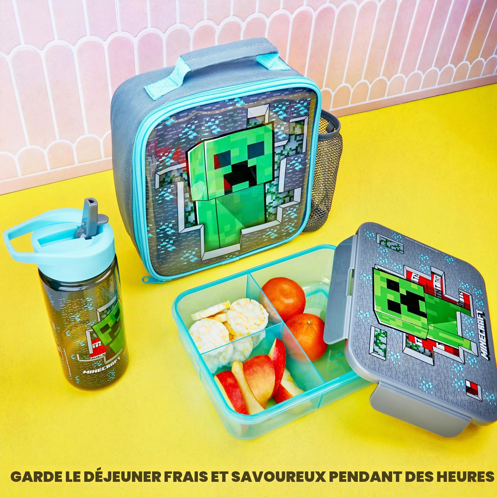Get Trend Minecraft Sac Isotherme Repas Enfant, Gourde et Boite Bento, Kit Déjeuner de 3 Accessoires Scolaires, Sans BPA, École Voyage Pique Nique (Multi Minecraft)