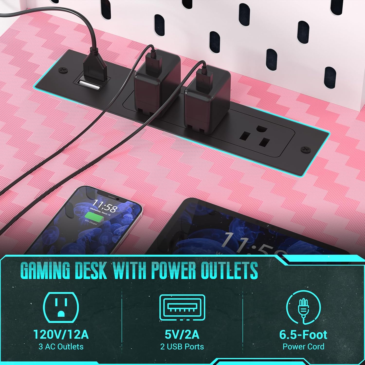 Small Gaming Desk with Hutch and LED Lights, Gaming Computer Desk with Power Outlets, Gamer Desk with Storage Shelves, Game Desks with Pegboards for Bedroom Small Spaces, Pink, 43"