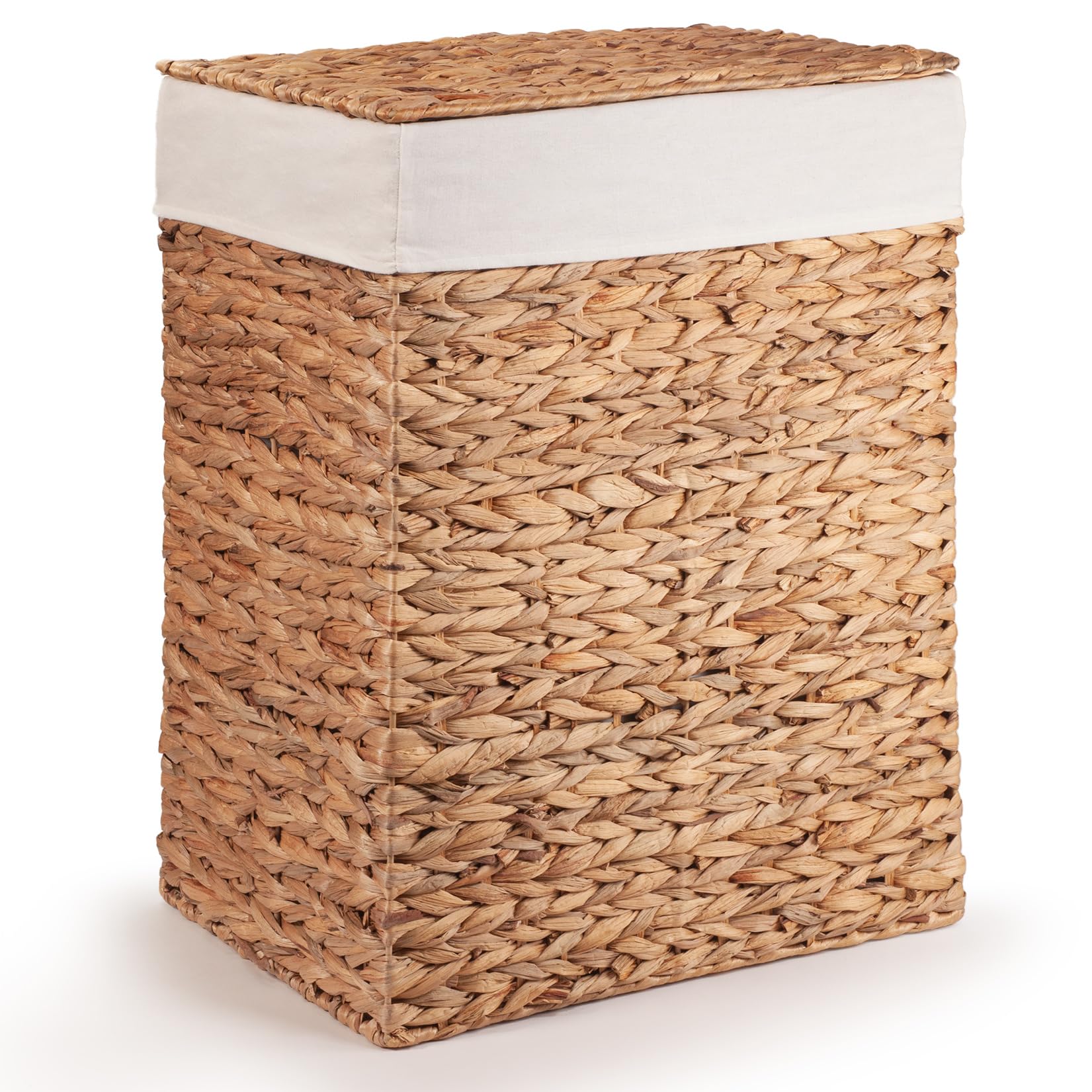 Woodluv Laundry Basket With Lid Large, Water Hyacinth Laundry Hamper, Wicker Bin Storage Organiser, Washing Basket for Dirty Clothes Bathroom, Natural, 44 x 34 x 56 (H) cm