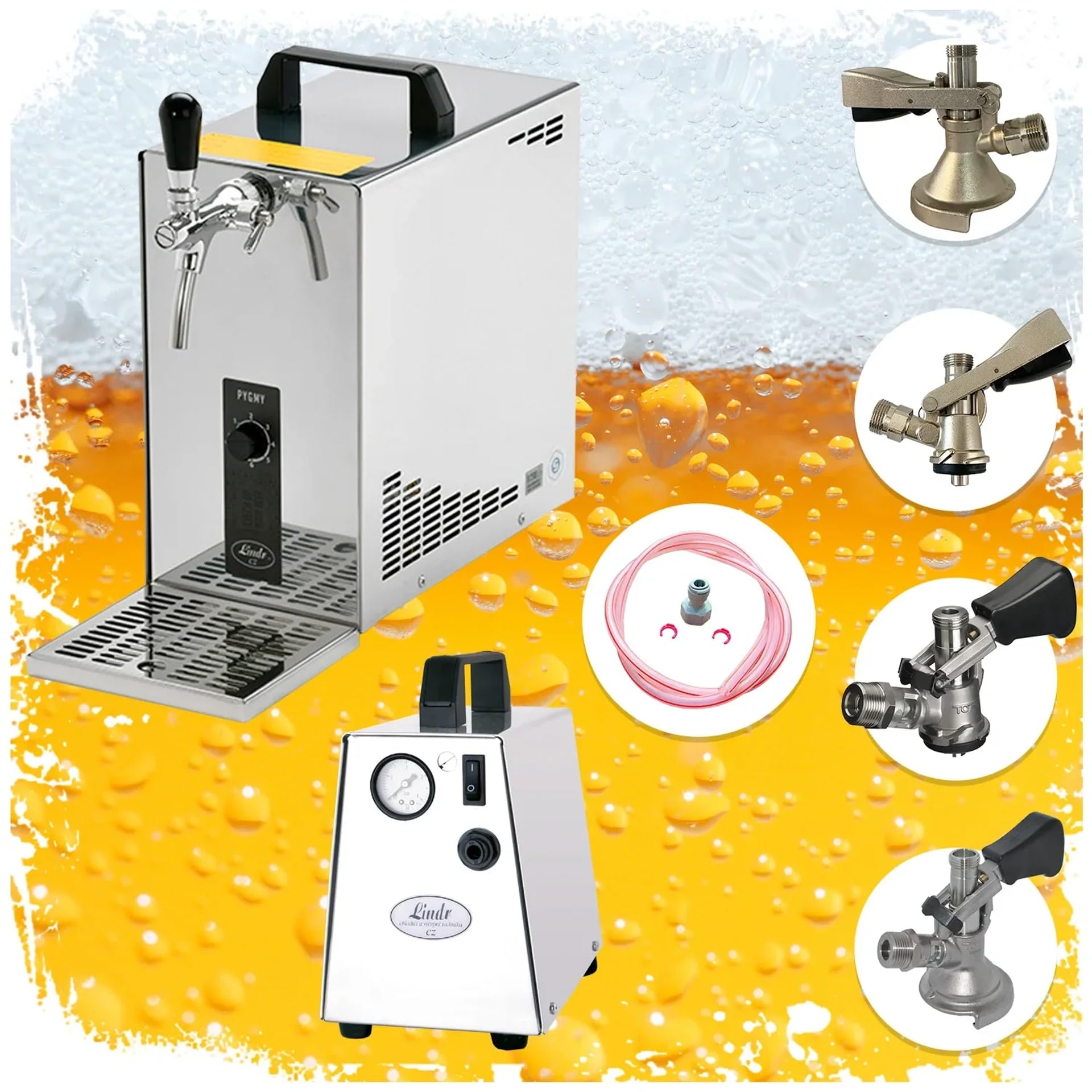 Kit complet système de tirage à bière Pygmy 25 mono-ligne refroidisseur sec 35 l/h avec tête de tirage, compresseur et accessoires, set tous de tête de fut