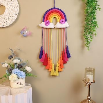 Rainbow Dream Catcher Wall Hanging Handwoven Flower Tassel Tapestries for Girls Room