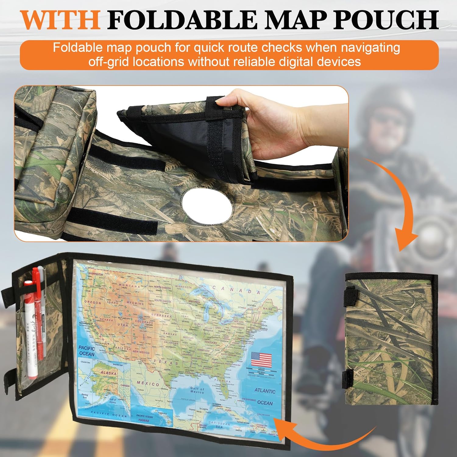ATV Saddle Bag with Map Pouch & Cooler, Water-Resistant Hunting Tank Pack for All-Terrain Vehicles, Compatible with Most ATVs, Snowmobiles, Motorcycles & Bicycles (Camo Reed)