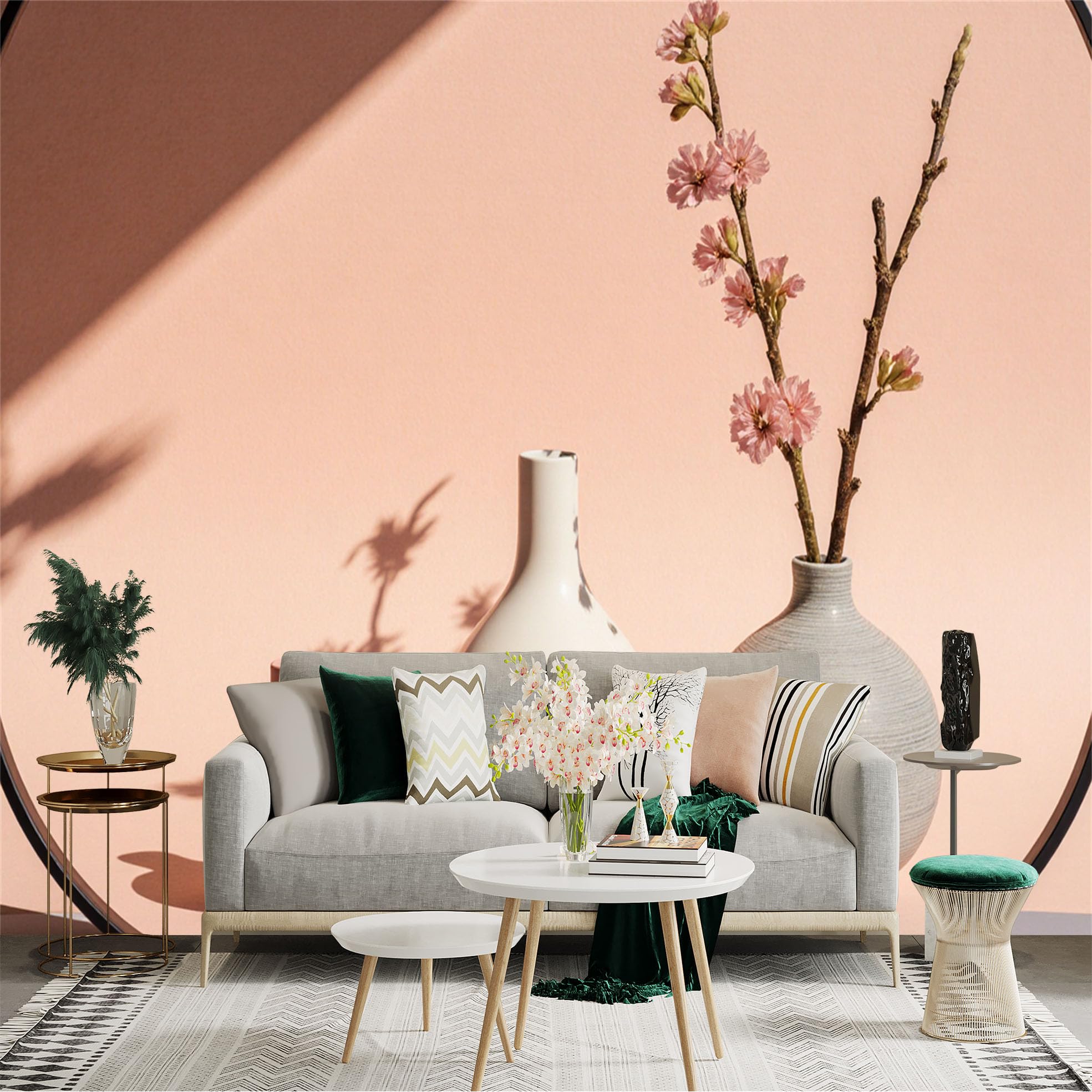 Custom Size Wall Sticker Mural， Modern Minimalist Ceramic Vases， Soft Pastel Peach Background， Elegant Cherry Blossom Branch， Artistic Still Life Decor， for wall Decoration， peelandstick wall Decals.