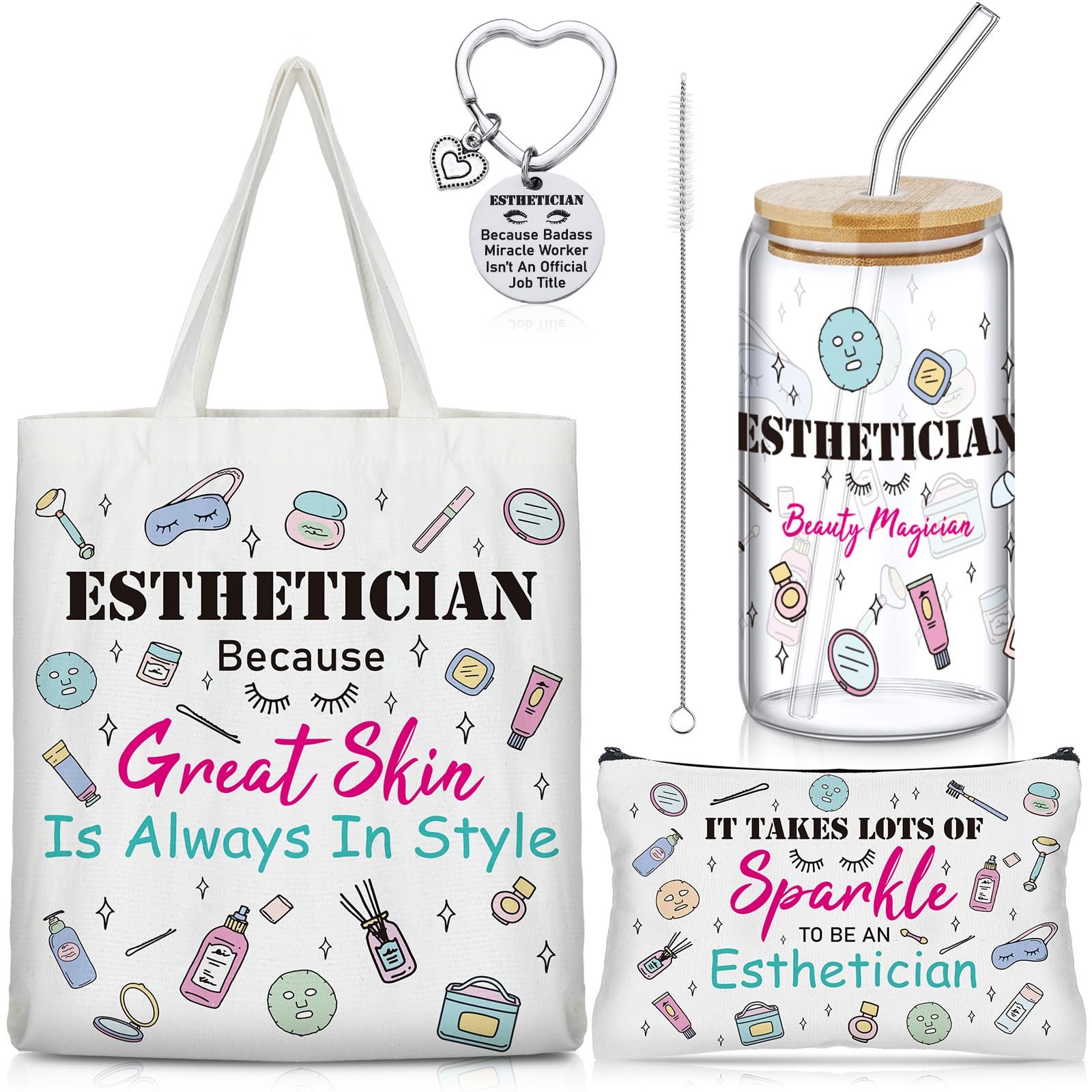 4 Pcs Esthetician Gifts Set 16oz Glass Tumbler with Straws Canvas Tote Bag Zipper Makeup Bag Esthetician Keychain Graduation Appreciation Gifts for Women Beautician Skin Therapist Salon Stylist