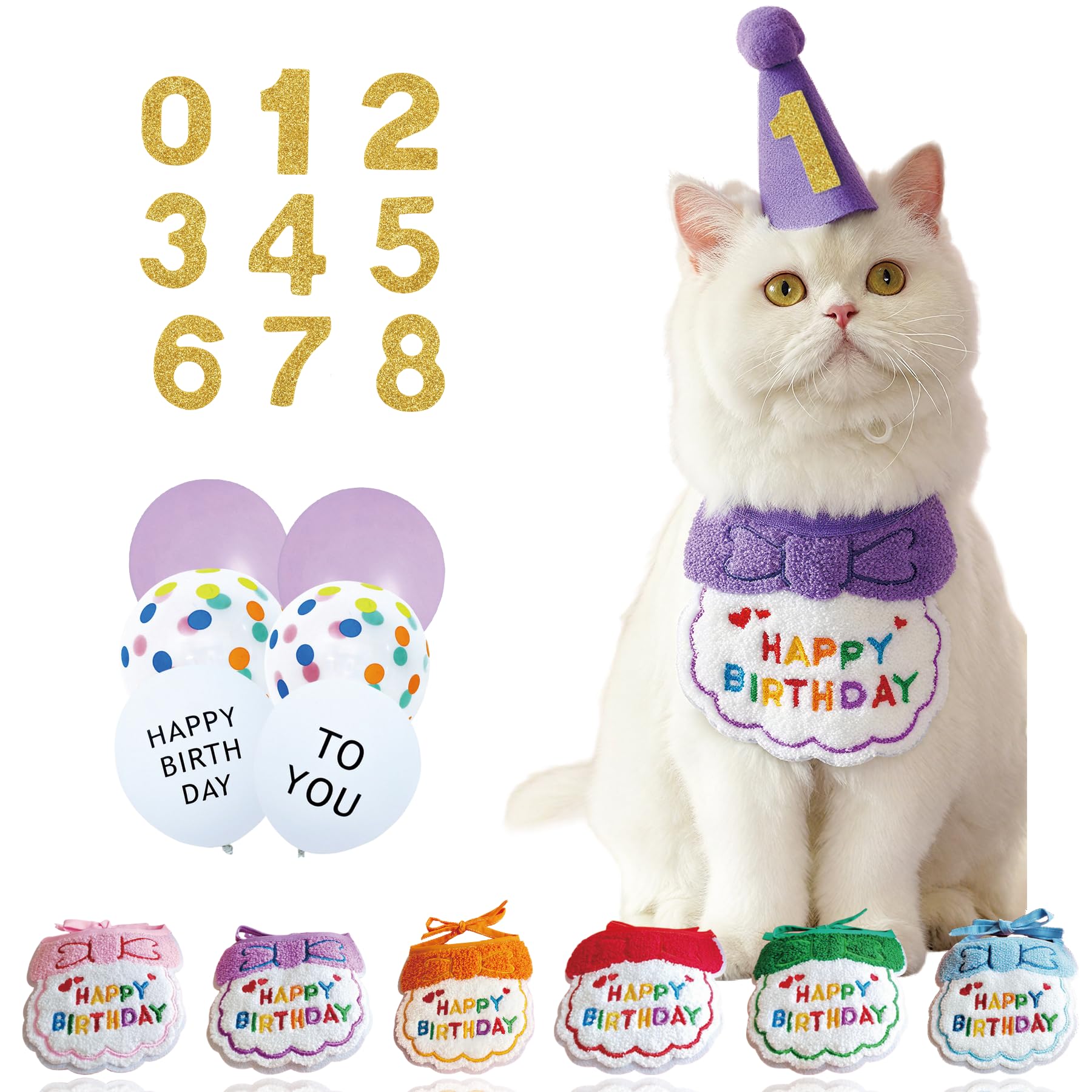All-in-One Cat Birthday Party Set- Reusable Adjustable Hat & Bandana Decorations with Age Numbers | Complete Kitty Celebration Kit for Memorable Milestones（Purple）