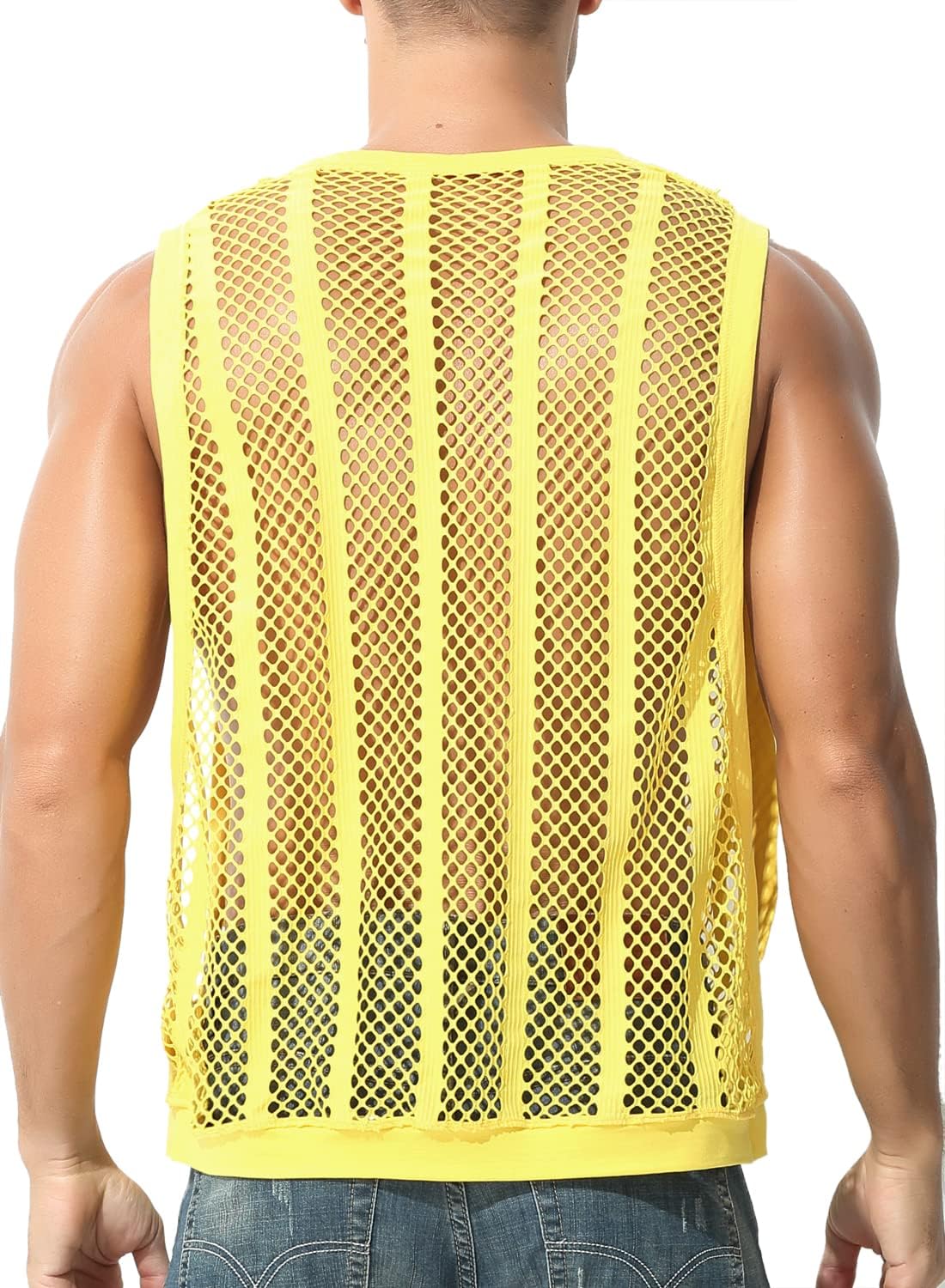 MIZOK Men's Fishnet Mesh Tank Tops Sexy See Through Workout Vest Sleeveless Sheer Muscle Shirts - Image 4