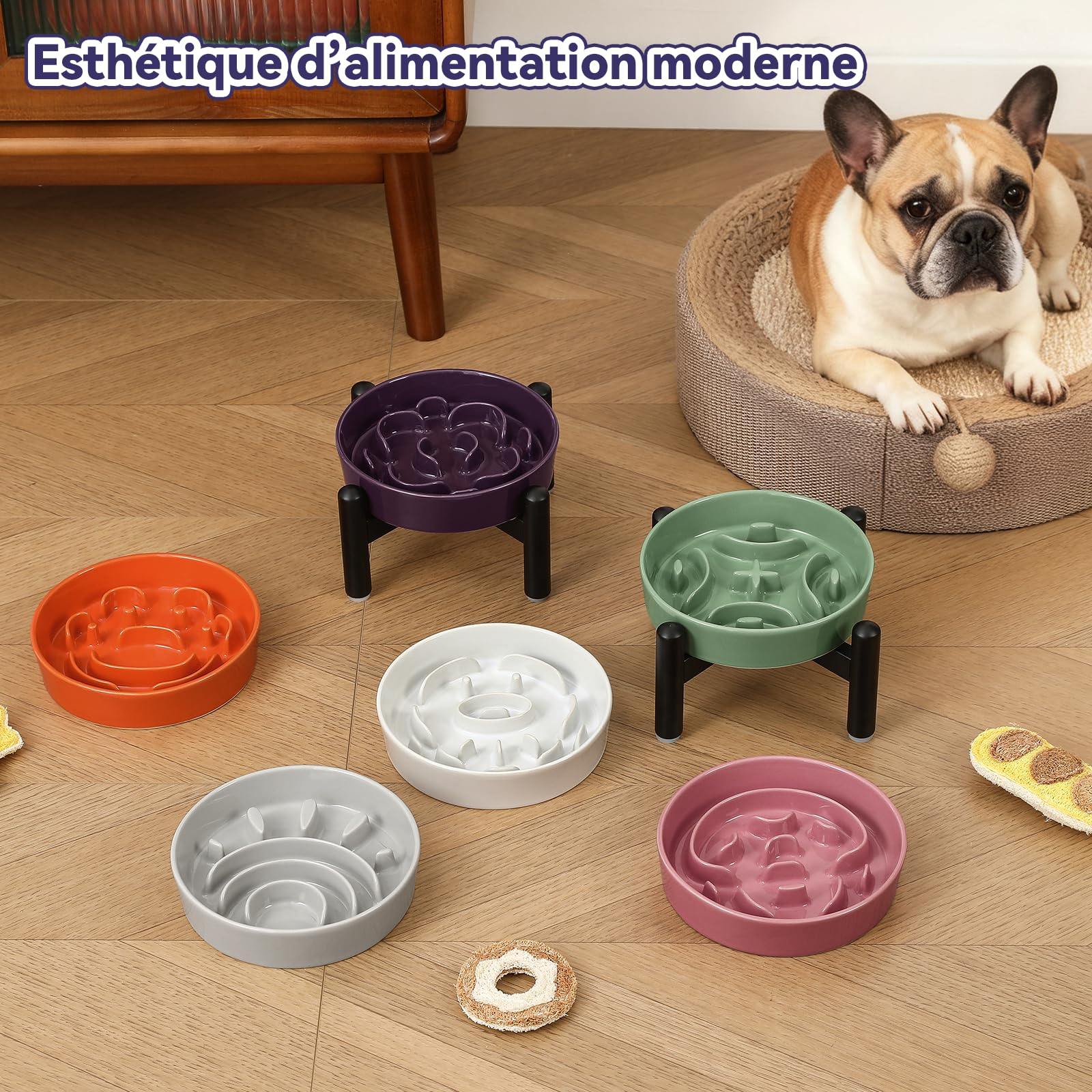 Gamelle pour Chien Surélevée Anti-Glouton - Bol Labyrinthe en Céramique avec Support Antidérapant en Acier Inoxydable - Gamelle pour Petit Chien - Haut 10 cm - Vert