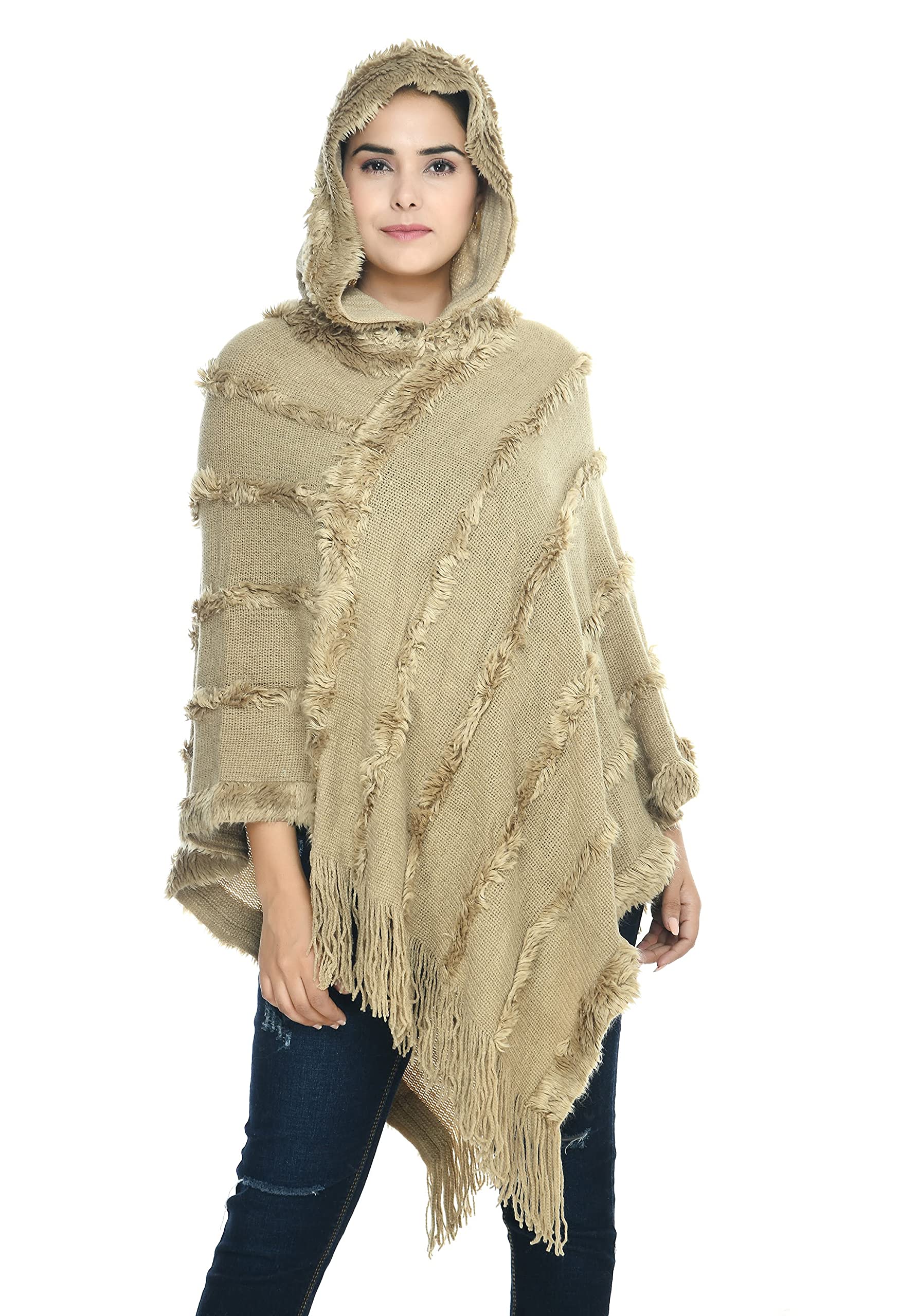 manra Women Woolen V-Neck Solid Fur Cap Poncho Sc 104 (G4-2JHR-ZQ70__Free Size)-picture-44