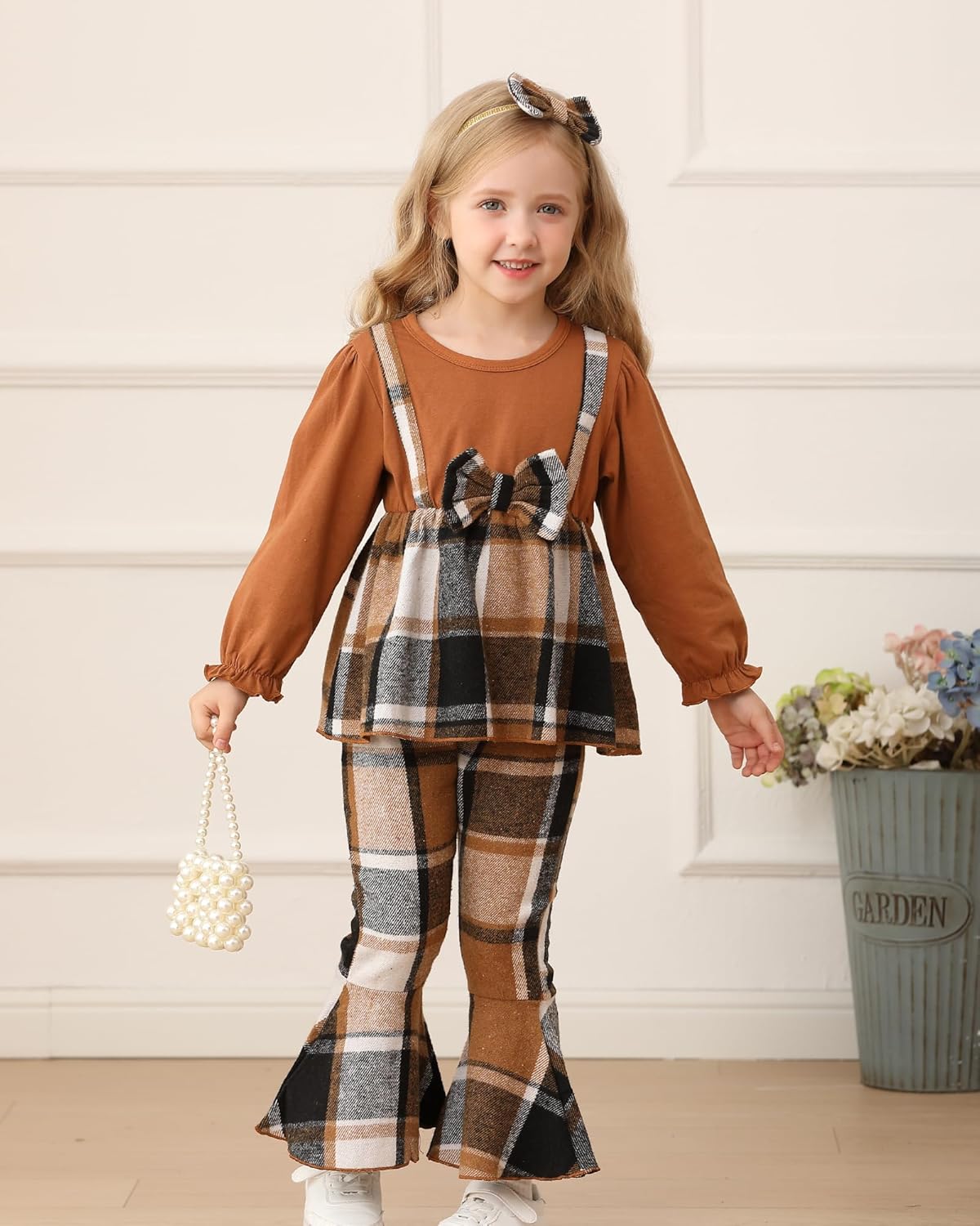 Kucnuzki Toddler Baby Girl Clothes Outfit Long Sleeve Plaid T Shirt Top Flare Leggings Pants 2 Piece Outfit Kids Clothes 18-24 Months Brown image 3 of 6 B0FH254HT4