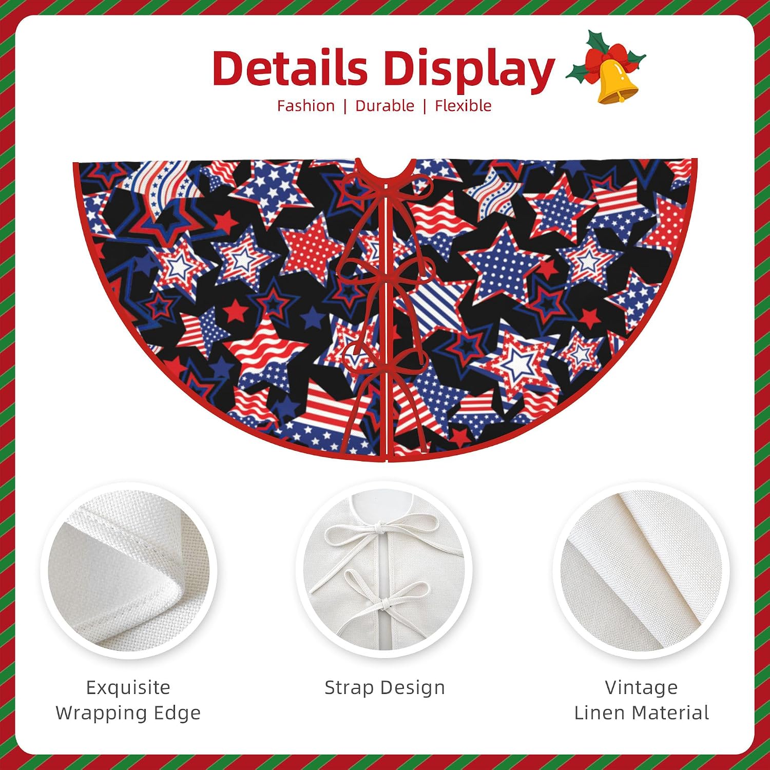 4th of July Patriotic Tree Skirt 30 Inch Independence Day Colorful Stars Holiday Tree Skirts for Summer Christmas Tree Decoration