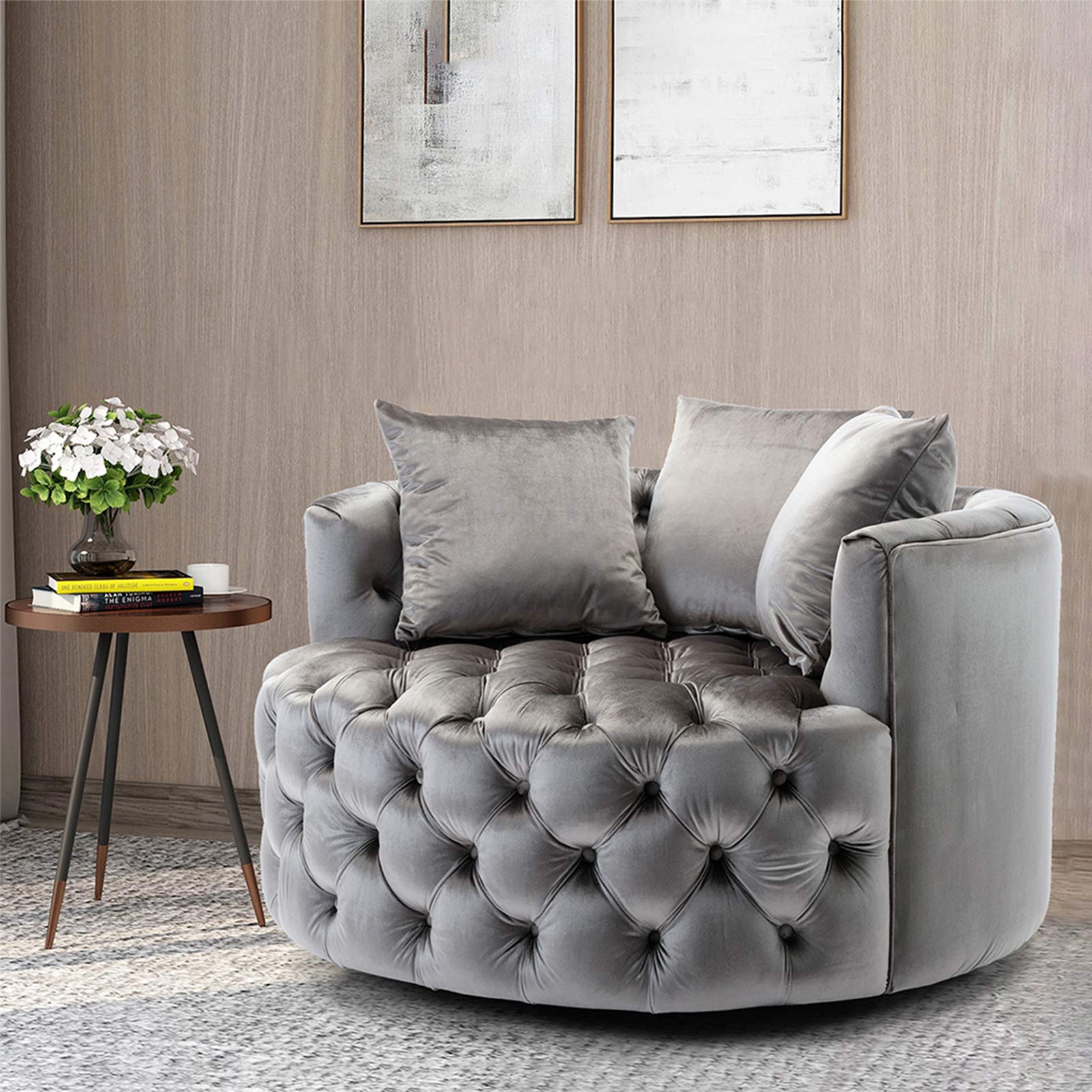 Pannow Swivel Barrel Chair, Modern Akili Swivel Accent Chair, Velvet Round Barrel Chair for Home Living Room/Modern Leisure Chair with 3 Pillow (42.9 Inch, Silver Grey)