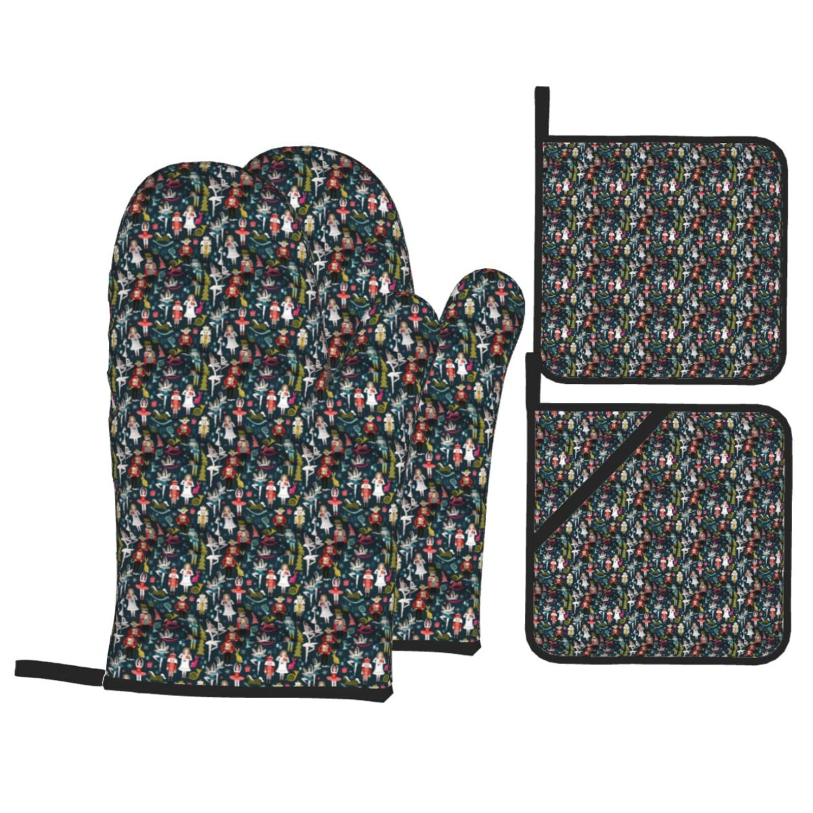 Women'S Nutcracker Ballet Xmas Dance Print Stylish Heat-Resistant Oven 4-Piece Set Kitchen Gloves Roasting Daily Cooking