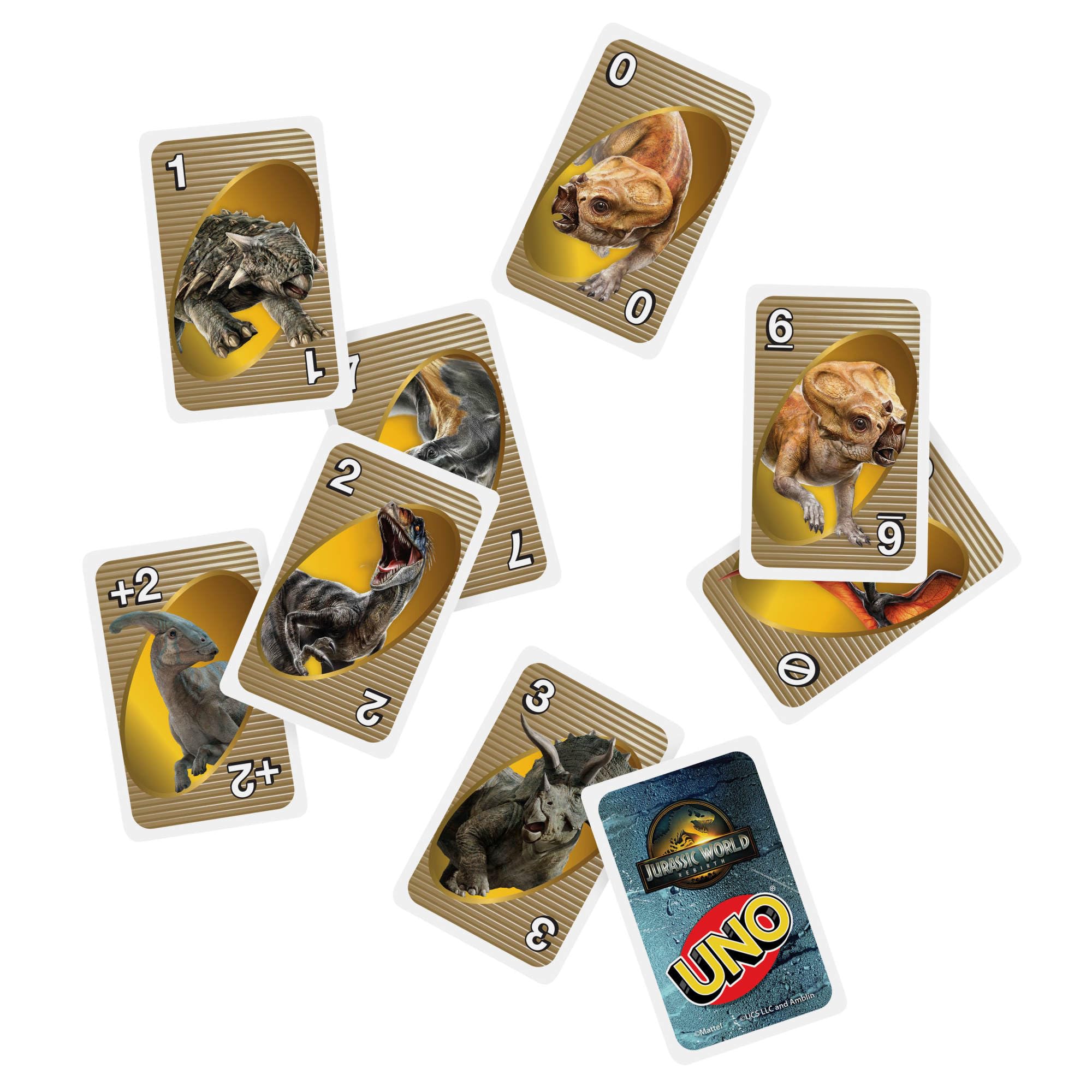Mattel Games Uno Jeu de cartes Jurassic World : Renaissance pour toute la famille, version avec règle spéciale et illustrations inspirées du film, JFT28