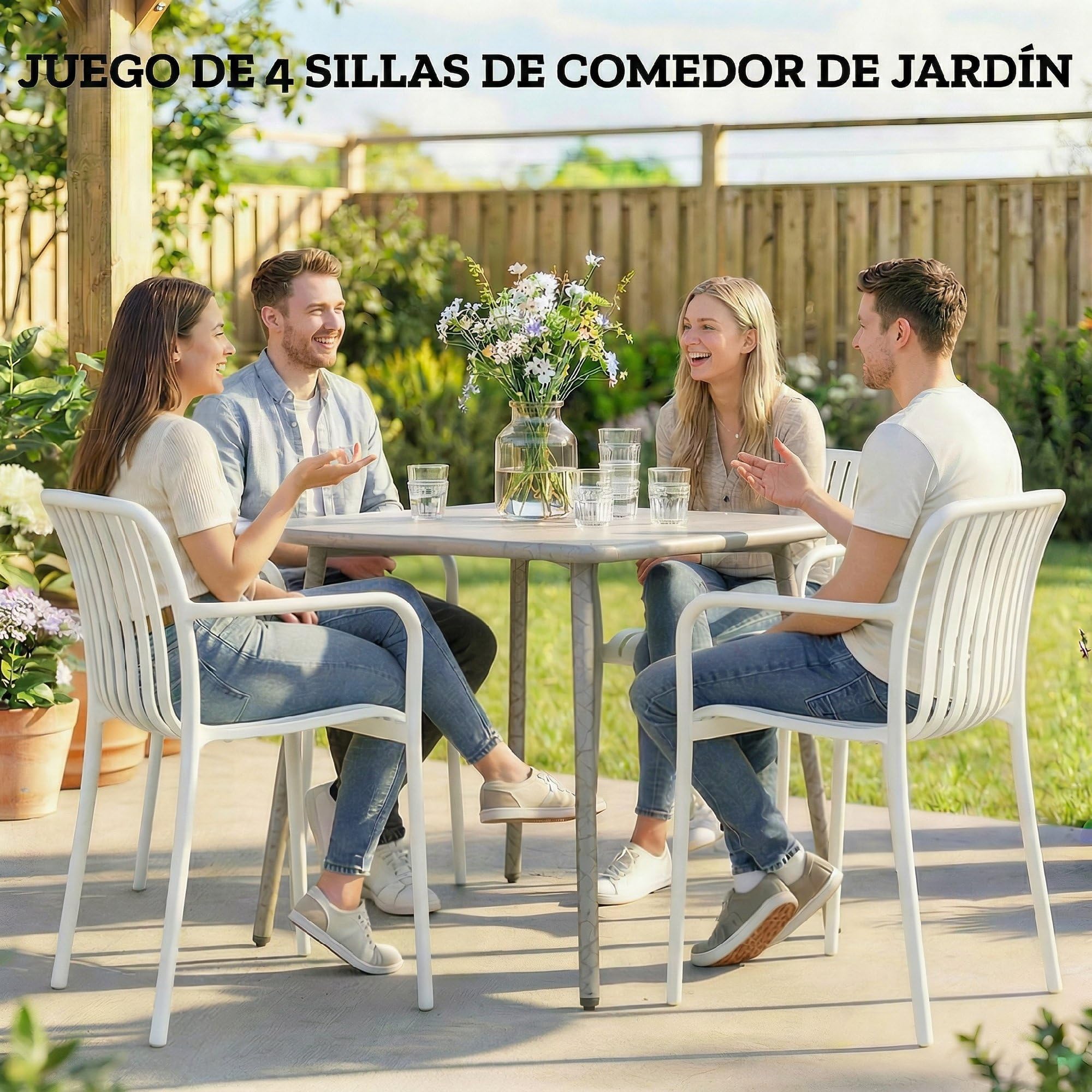 Outsunny Juego de 4 Sillas de Jardín Exterior Apilables, Sillas Terraza Exterior de PP con Respaldo Curvado, Asiento de Listones, Reposabrazos, 55x58,5x81,5 cm, Blanco