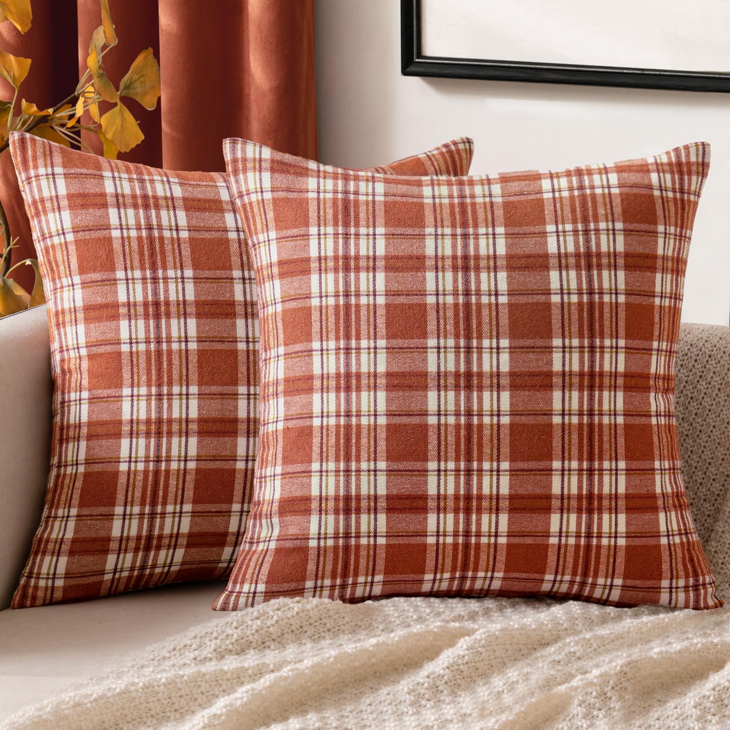 MIULEE Fall Plaid Pillow Covers Scottish Tartan 20x20 Rust Orange | Set of 2 Fall Decorations Cushion Covers, Farmhouse Winter Home Decor, for Thanksgiving Sofa Couch Bed Living Room