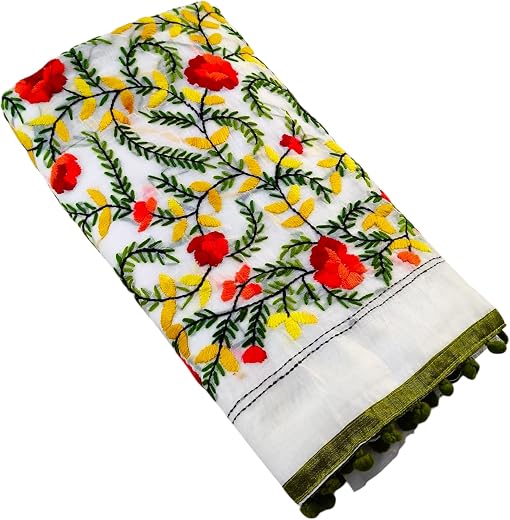 SHRISTI CLOTHINGS Women's Hand Woven Kantha Work Chanderi Silk Kanthastitch Saree with Blouse Piece