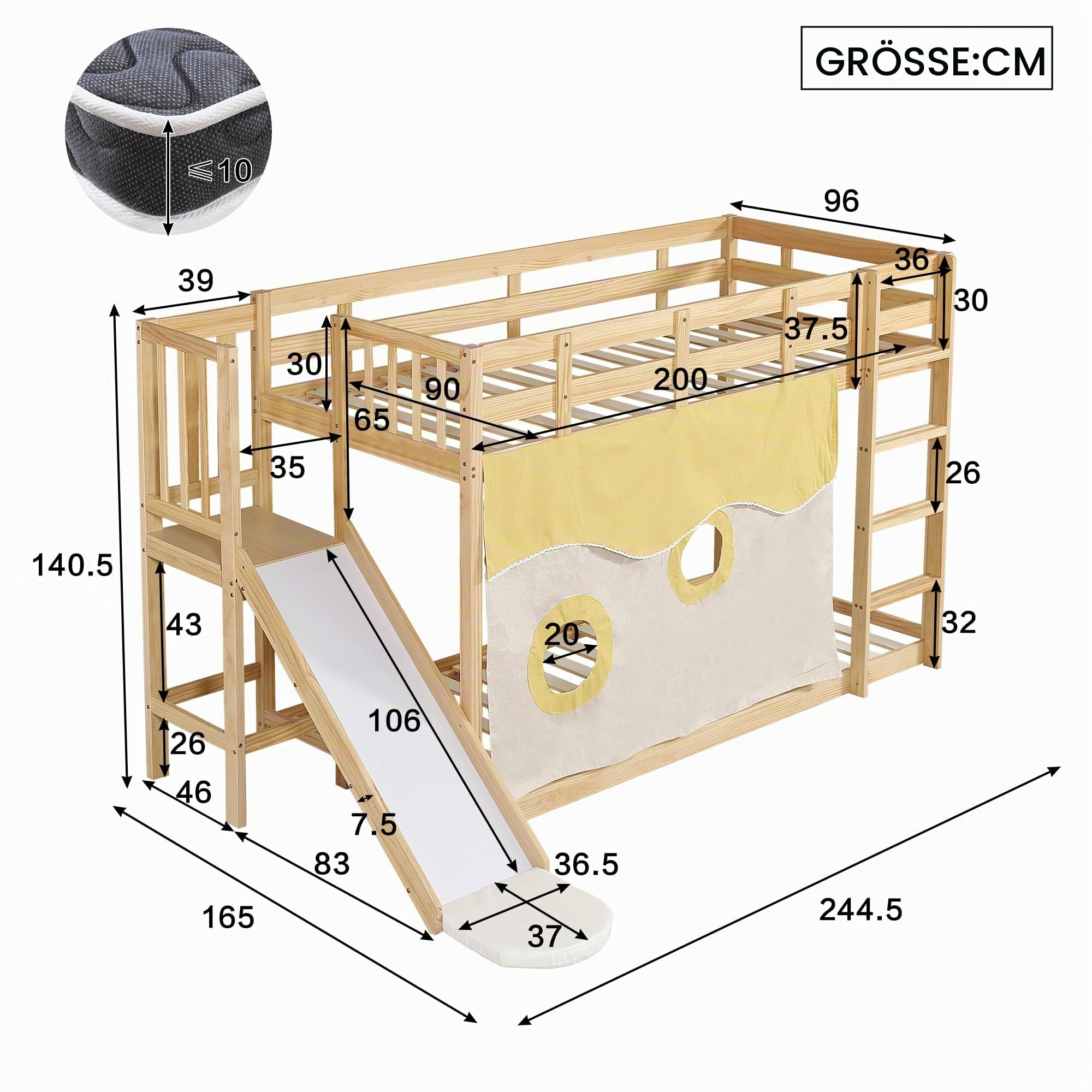 Mrwoo Kinderbett 90x200 cm, Etagenbett mit Rutsche, Hochbett mit Dreistufige Treppe und Rausfallschutz Geländer, Geeignet für Kinder und Jugendliche, Holzlatten (Ohne Matratze) (Natur)