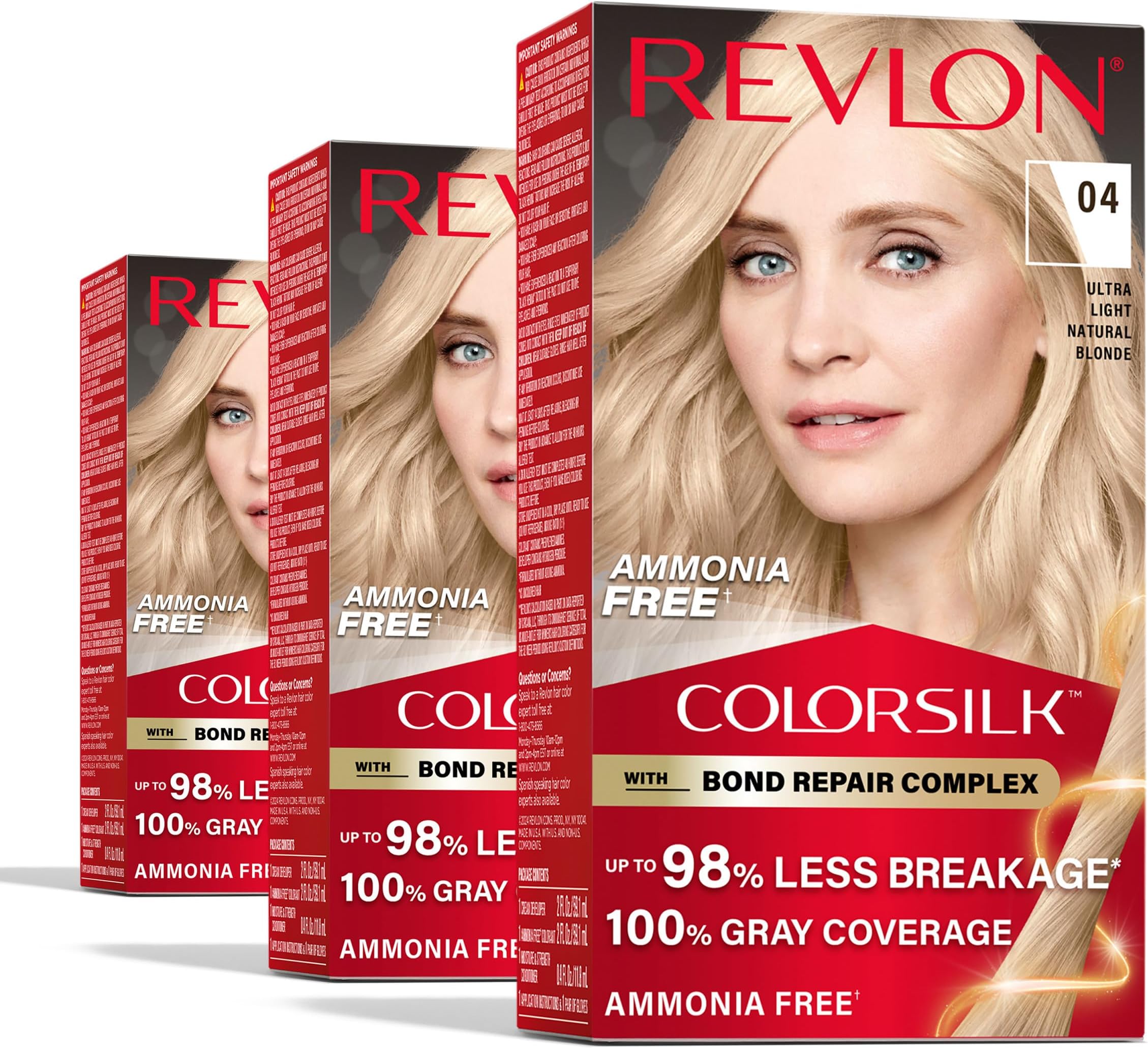 Revlon ColorSilk with Bond Repair Complex, Blonde Permanent Hair Color, 100% Gray Coverage, Ammonia Free Hair Dye, Vegan Keratin, 04 Ultra Light Natural Blonde (Pack of 3)