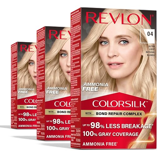 Revlon ColorSilk with Bond Repair Complex, Blonde Permanent Hair Color, 100% Gray Coverage, Ammonia Free Hair Dye, Vegan Keratin, 04 Ultra Light Natural Blonde (Pack of 3)