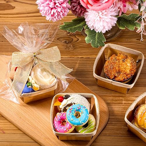 Miniatura 4 de Kigley Juego de 24 cestas de regalo de madera vacías de 4 pulgadas, canasta de bayas de imitación de yute, bolsas transparentes para dulces para