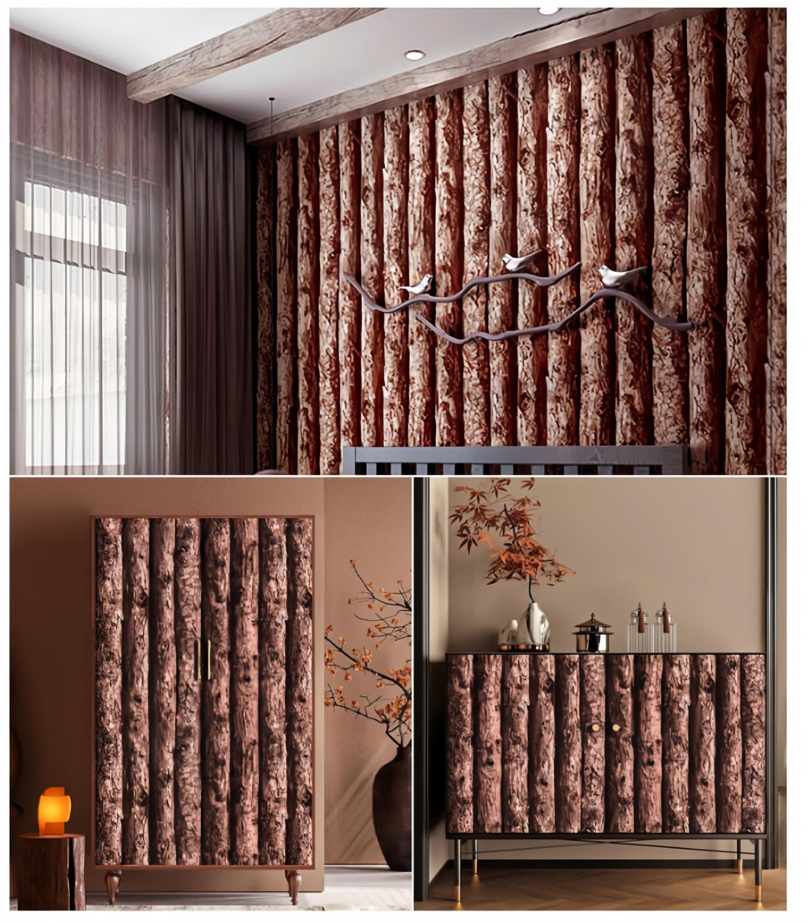 Carta da Parati Adesiva Muro Effetto tronco 3D per baita marrone 53*950cm