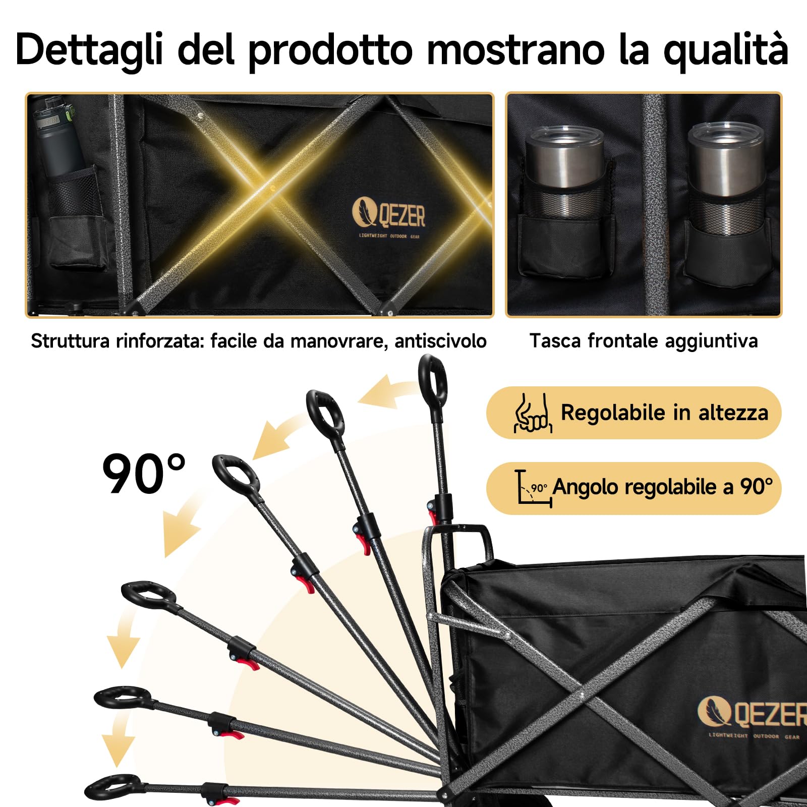 Carrello pieghevole è dotato di grandi ruote staccabili e di una maniglia regolabile, Capacità di carico massima 100kg/210kg，Adatto per campeggio, giardini e shopping (nero 250 litri 210kg)