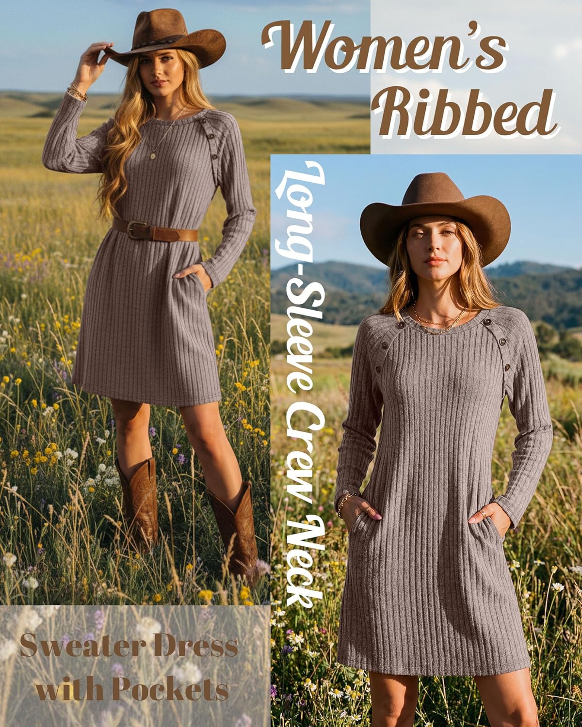 Women's Long Sleeve Loose Sweater Dress Crew Neck Knit Dress with Pocket Ribbed Button Side Fall Casual Tunic Top - Image 3