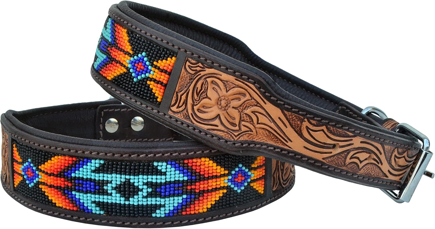 Leather Dog Collar Western Style Heavy Duty Hand Tooled Adjustable Beaded and Padded Soft for Puppies and Big Dogs 10AB016
