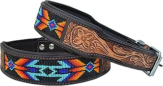 Affilare Dog Collar Western Style Heavy Duty Hand Tooled Adjustable Beaded and Padded Soft for Puppies Big Dogs 10AB016, Teal Black Red Brown, Small (Middle Notch at 15')