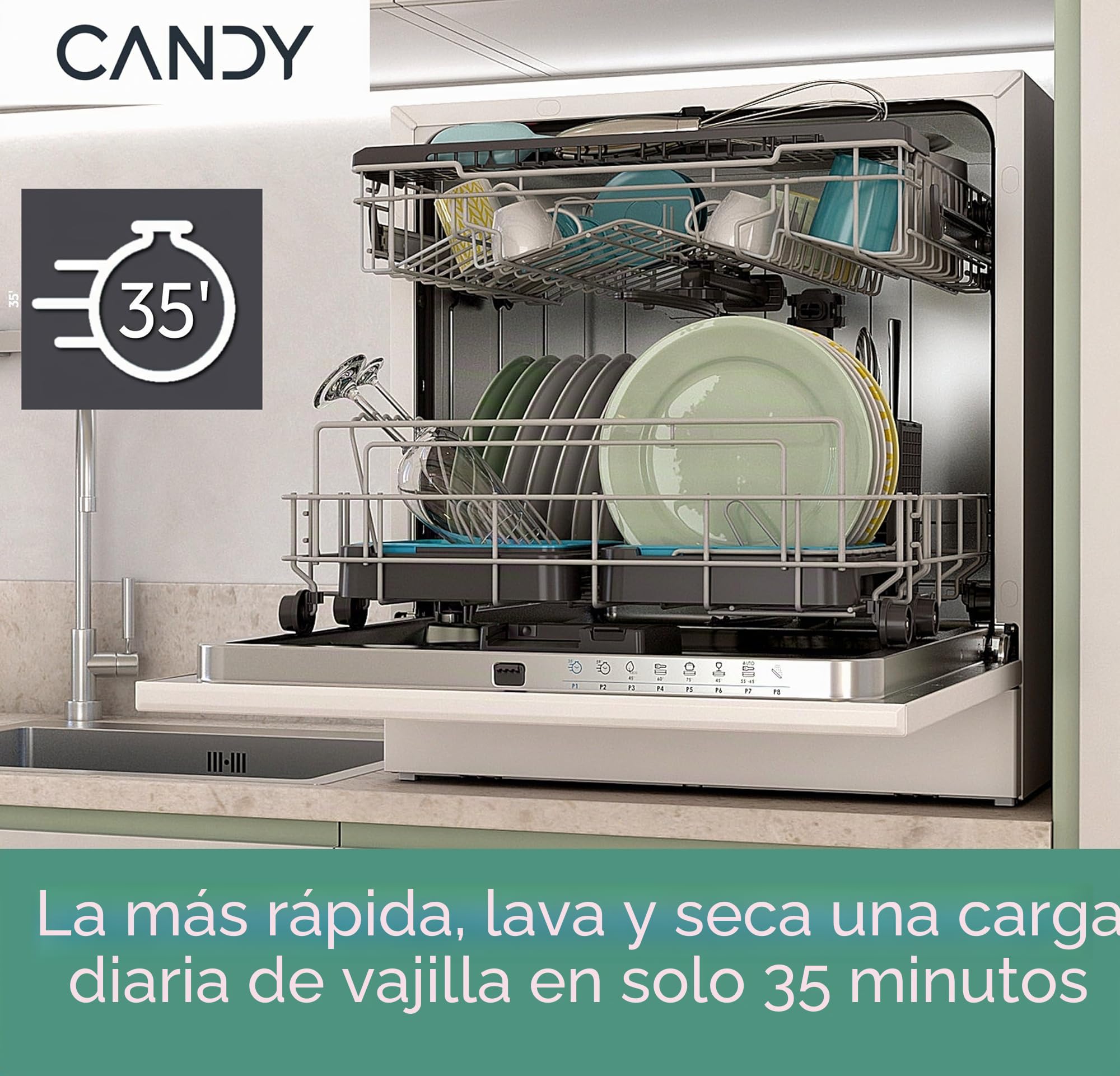 Candy Rapido' CP 8F9FFW Lavavajillas compacto, 8 cubiertos, 8 programas, lavado y secado de 190 cm, primera selección, HxBxD 59,5 x 50,1 x 55 cm, blanco [clase energética F]