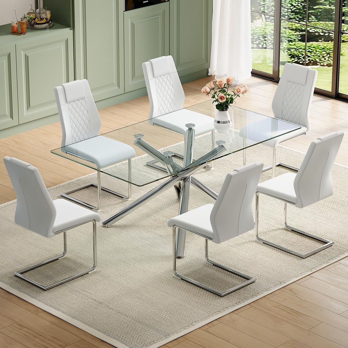 Amazon.com - NYEESS Glass Dining Table Set for 6, 71” Silver Chrome ...