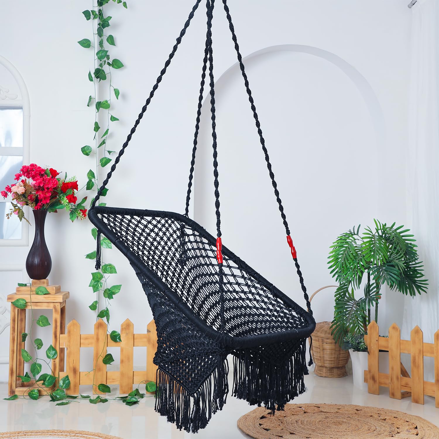 Hammock Swing Hanging Chair uyyala jula for Adult Kids Indoor Outdoor Balcony Sturdy Cotton Rope Swing Chair for Indoor, Outdoor, Bedroom - Black (Pack of 01)