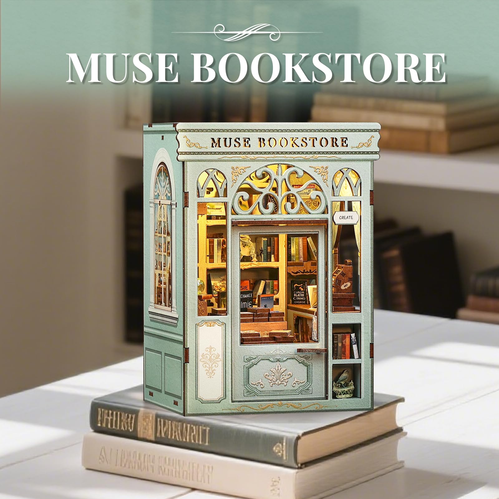 Cutefun Book Nook, kit fai da te per casetta in miniatura per adulti, scaffale per libri, puzzle 3D in legno, mini kit modello artigianale, regalo per donne amanti dei libri (Muse Bookstore)
