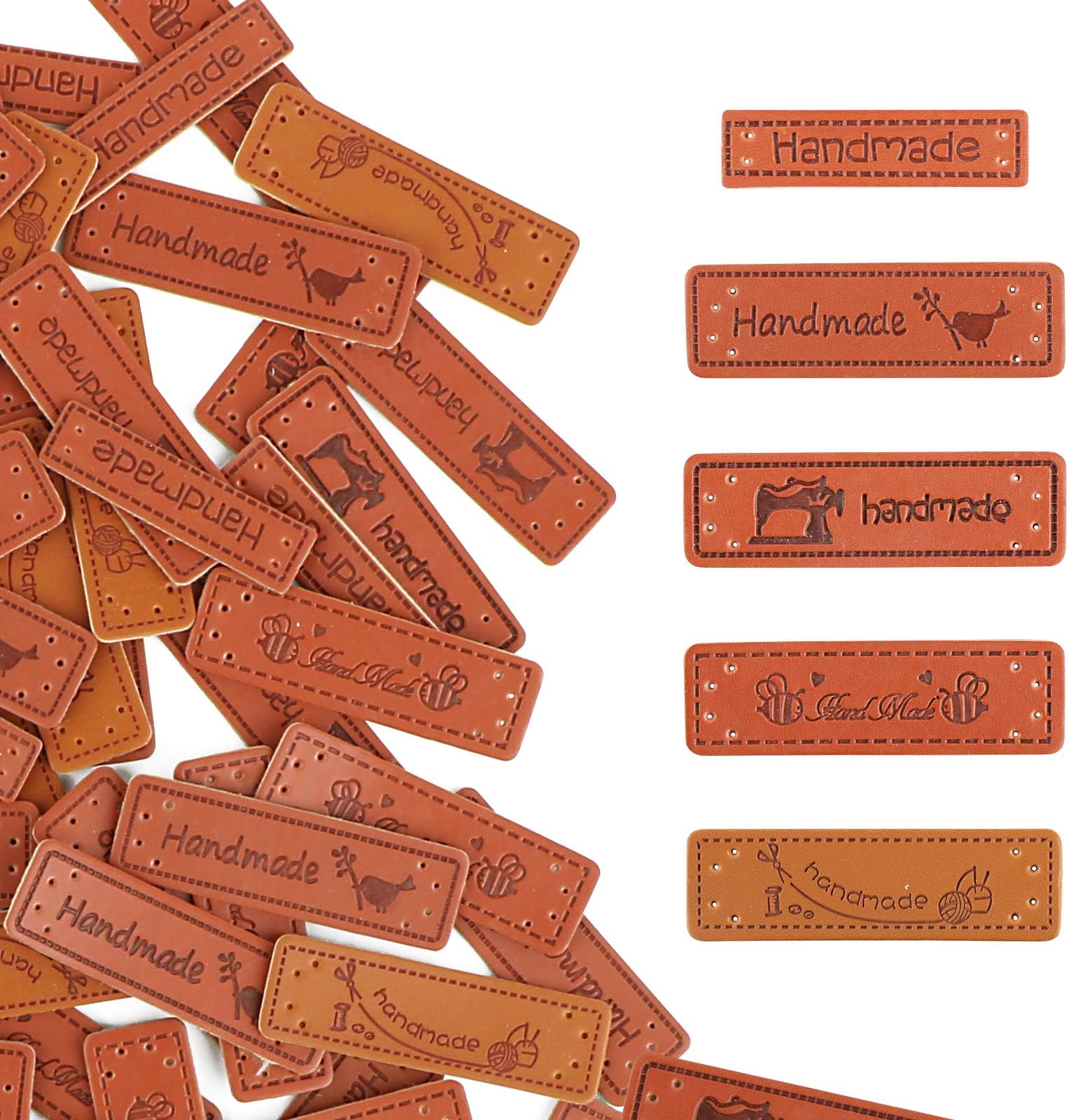 VINFUTUR 100 ± 2 Pieces PU Leather Handmade Rectangle Embossed Labels Textile Leather Labels for Garment DIY Crafts Sewing Accessories (Mixed)