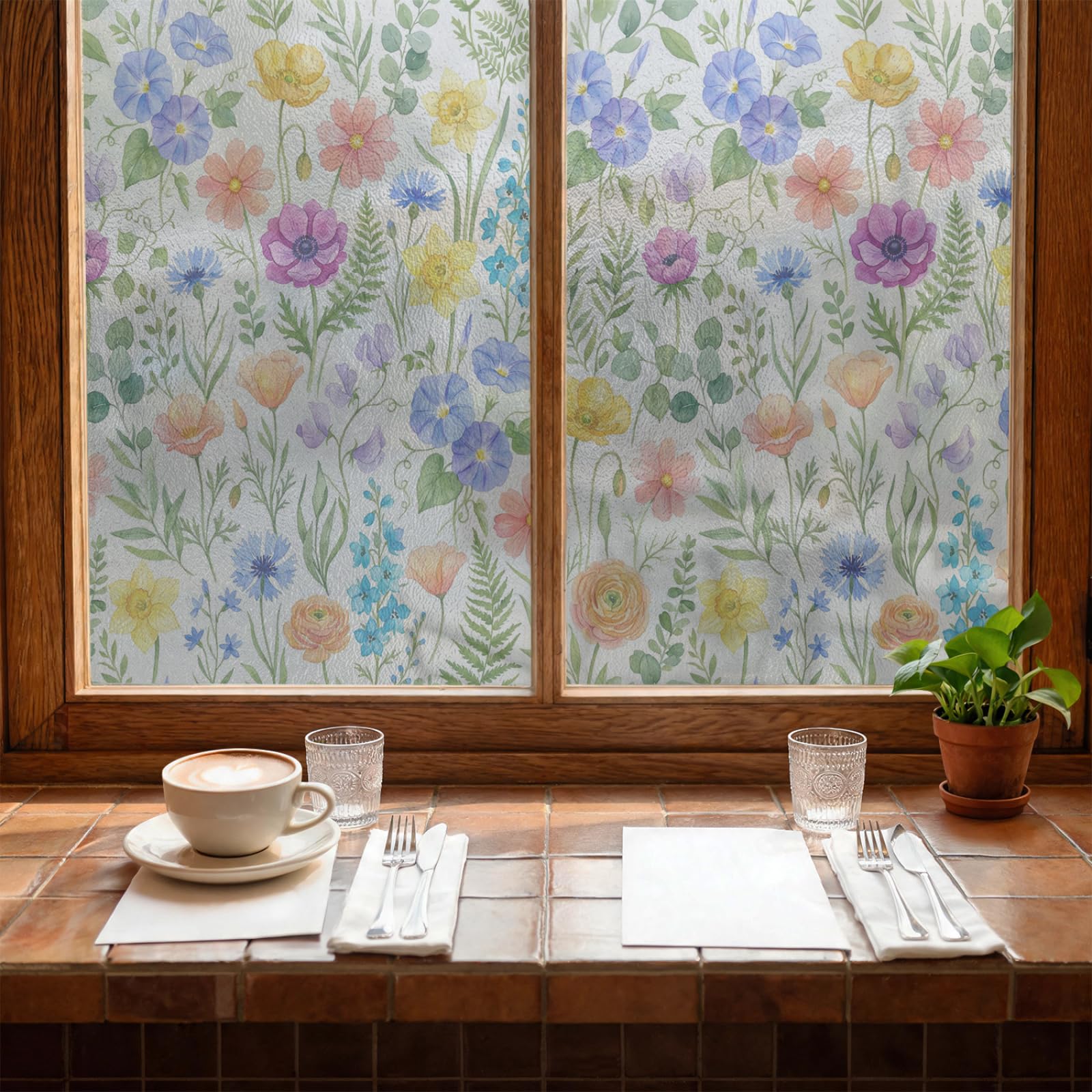 Window Film Privacy Colorful Floral Privacy Film for Glass Windows No Glue Static Cling Vinyl Covering Window Stickers for Bathroom Home and Office 43x200 cm