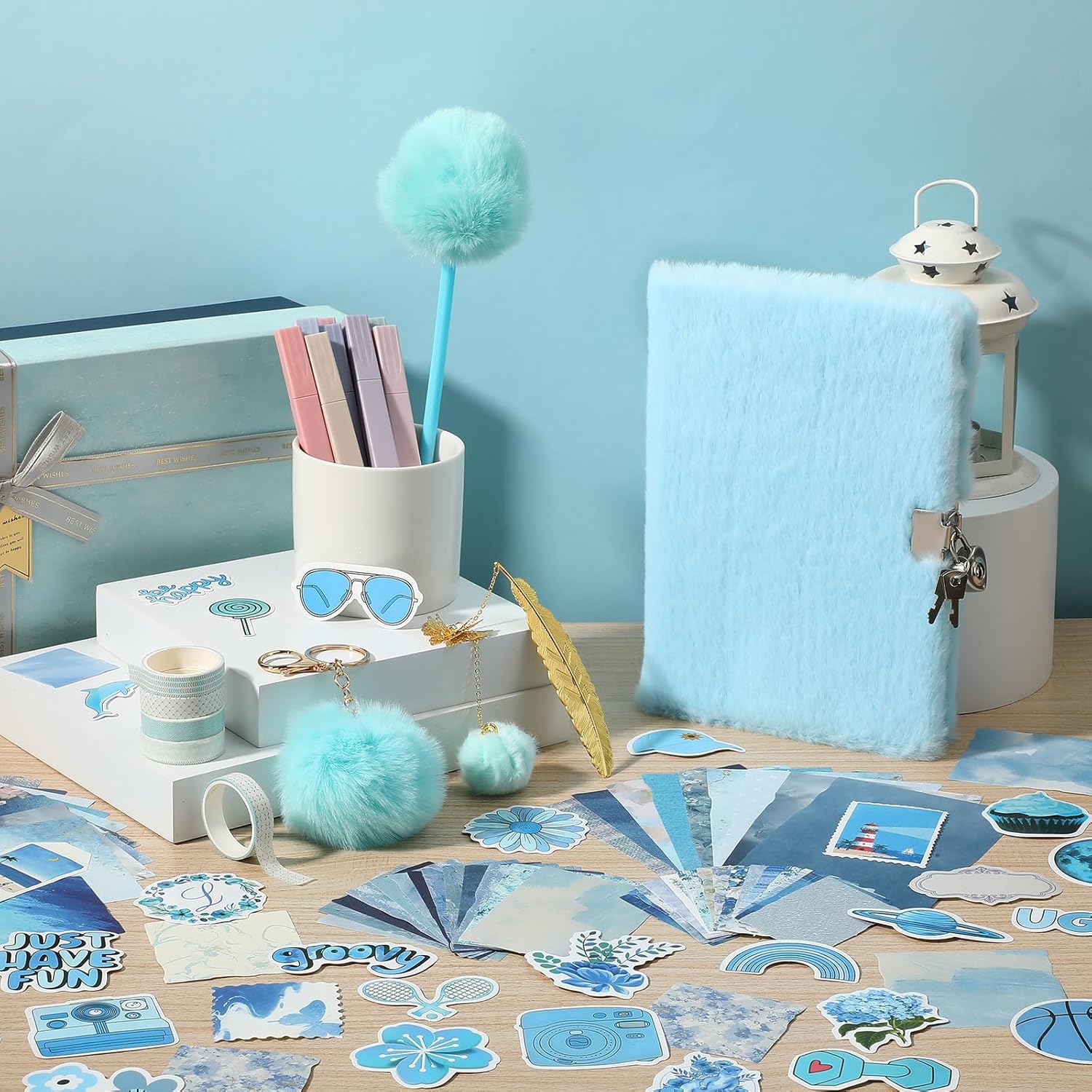 Janlaugh DIY Journal Diary with Lock Pack Scrapbook Kit Stationery Diary Supplies Art Crafts Kit for Birthday Holidays Ideal Gifts for Women Teen Girls (Blue,Plush)