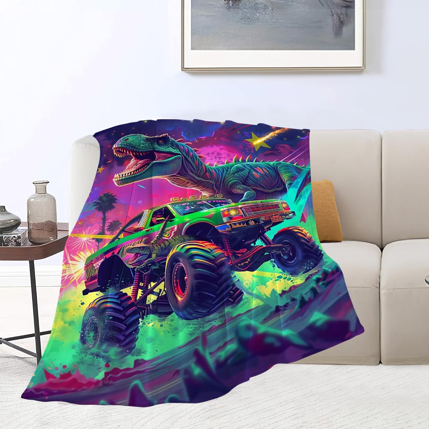 Dinosaur Truck Blanket Soft Fuzzy Fleece Funny Dinosaur Car Throw Blanket Decor Cozy Warm Plush Flannel Blanket Gifts for Kids Adults Home Chair Sofa Couch Bed 50"X40" - Image 2