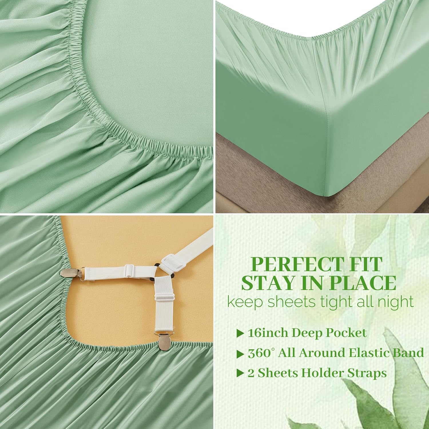 YIYEA 100% Viscose Derived from Bamboo Cooling Fitted Sheet with Pillow Cases for Hot Sleepers, 400 Thread Count, 16" Deep Pocket Bottom Sheet, Silky Soft and Breathable, Full, Green