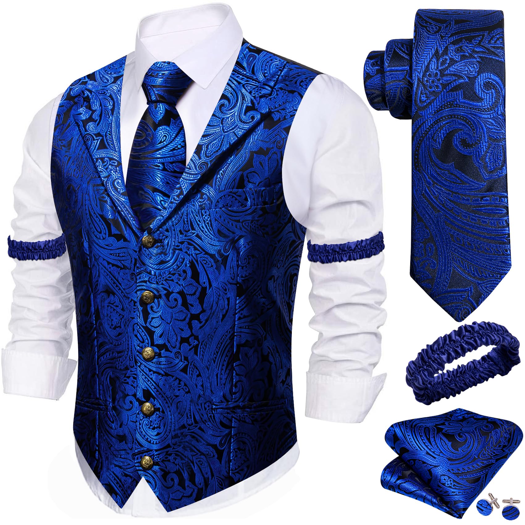 Barry.Wang Mens Silk Paisley/Floral Suit Vest Tie Sleeve Holder Set 5PCS