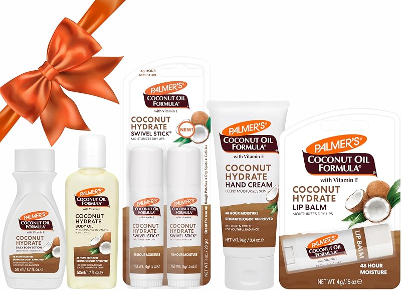 Fórmula de aceite de coco Mini rellenos de medias (6 piezas) – Aceite corporal hidratante, loción corporal intensiva, bálsamo giratorio, crema de manos, bálsamo labial, cuidado hidratante de la piel para piel seca