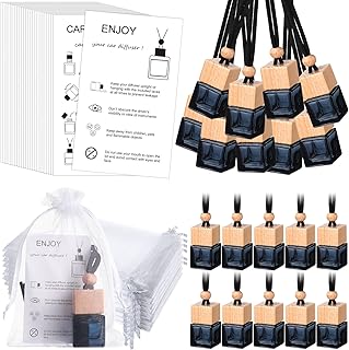 Boao 25 Sets Hanging Car Air Freshener Diffuser Bottles Empty Bulk with Car Diffuser Instruction Cards Organza Bags Glass Refillable Essential Oil Fragrance Aromatherapy Pendant (Black,Square)