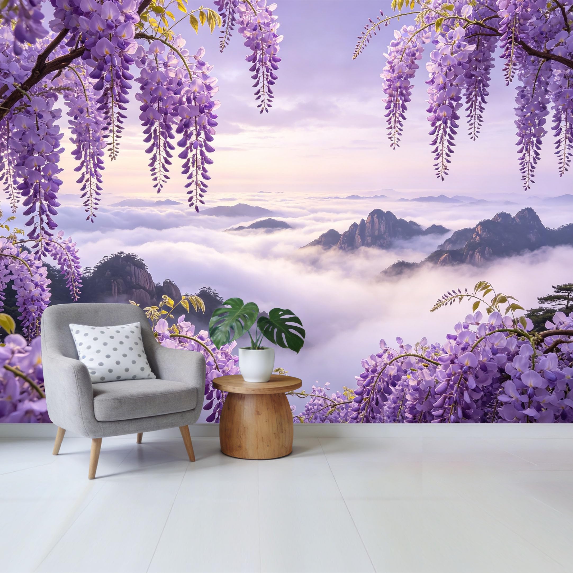 Qzlithotic Yq2605250363 Custom Size Wall Mural Purple Wisteria Floral Mountain Sea Of Clouds Landscape Watercolor Style Selfadhesive Wall Fabric Removable Wallpaper For Home Office Decor