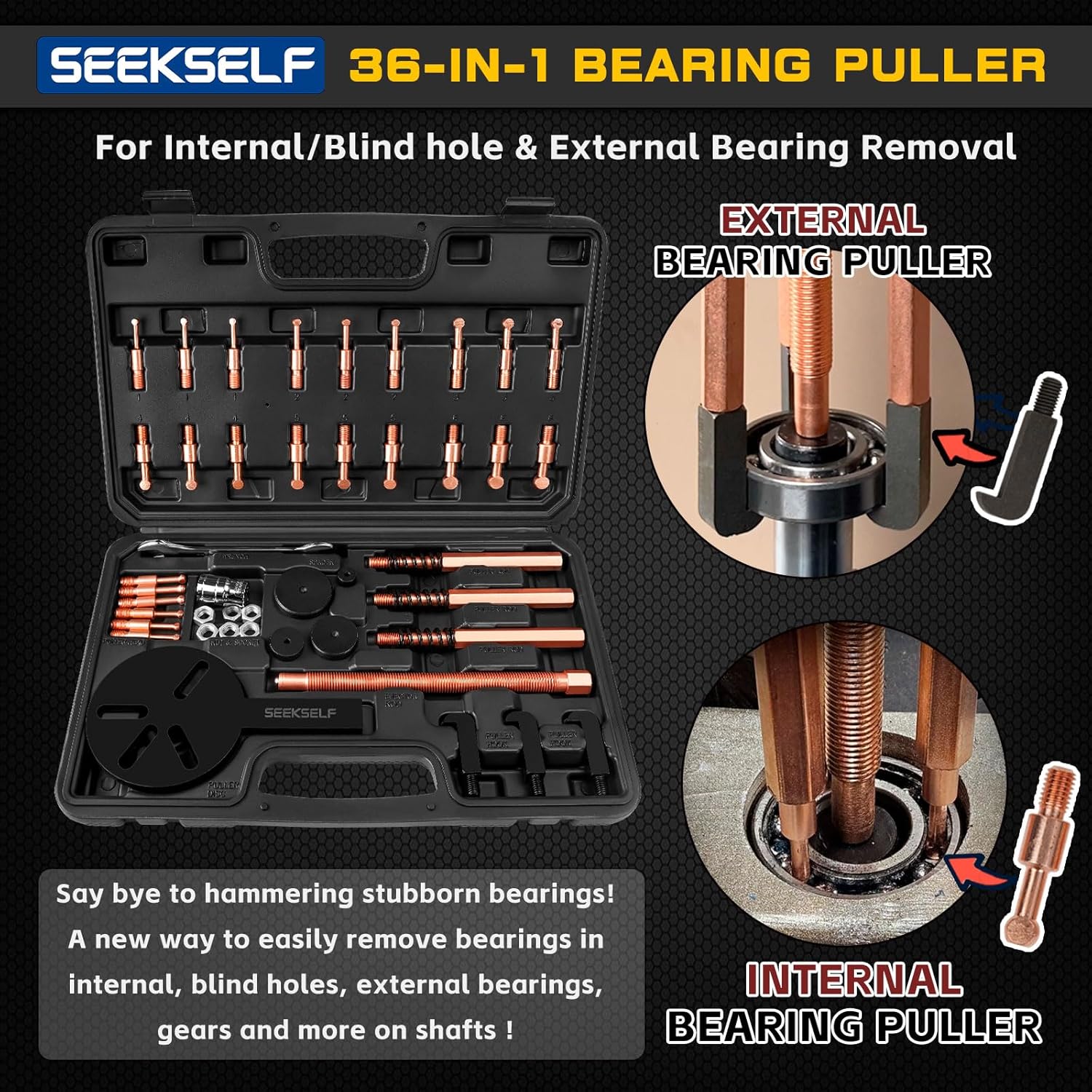Blind Hole Bearing Puller Kit, 36 in 1 Inner Outer Bearing Separator Set Internal External Bearing Removal Gear Splitter Pull Tool, Black Storage Box