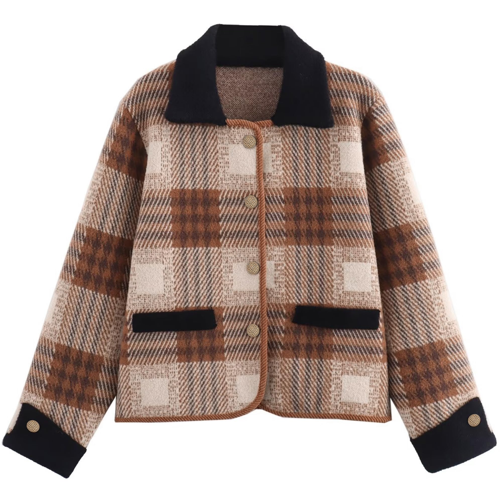 Women's Vintage Long Sleeve Plaid Print Cardigan Sweater Button Down Lapel Knit Sweater Coat with Pockets-image-44