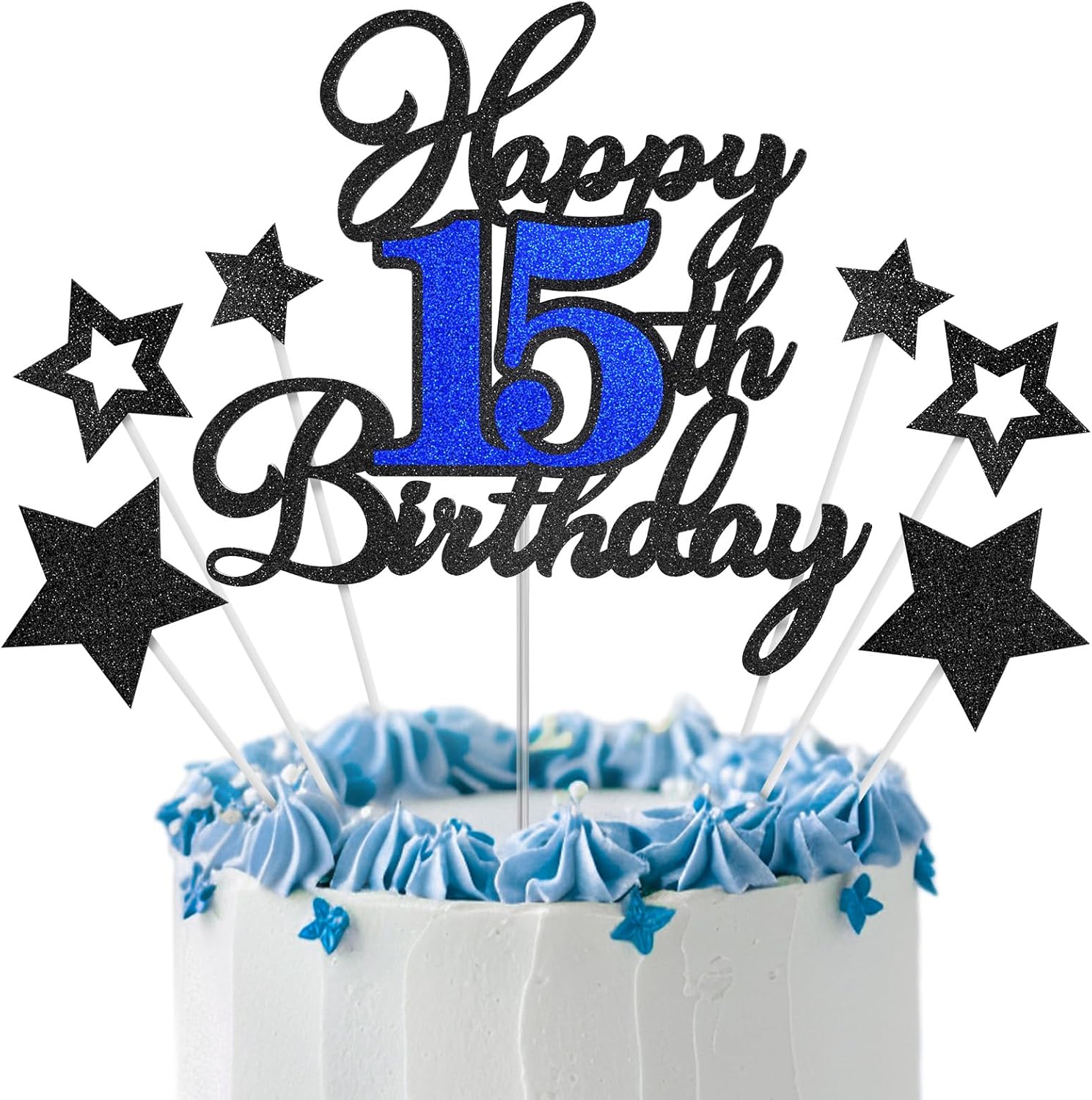 Shark Happy 15th Birthday Cake Topper Blue Silver Glitter Boy Girl 15...