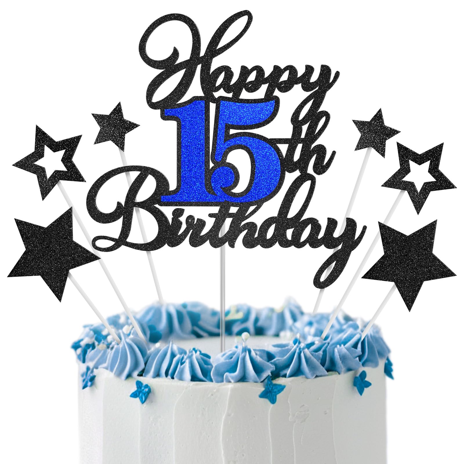 Happy 15th Birthday Cake Toppers, Black Blue Glitter Cake Decorations Set, 15th Birthday Decor, Birthday Anniversary Party Decorations Supplies