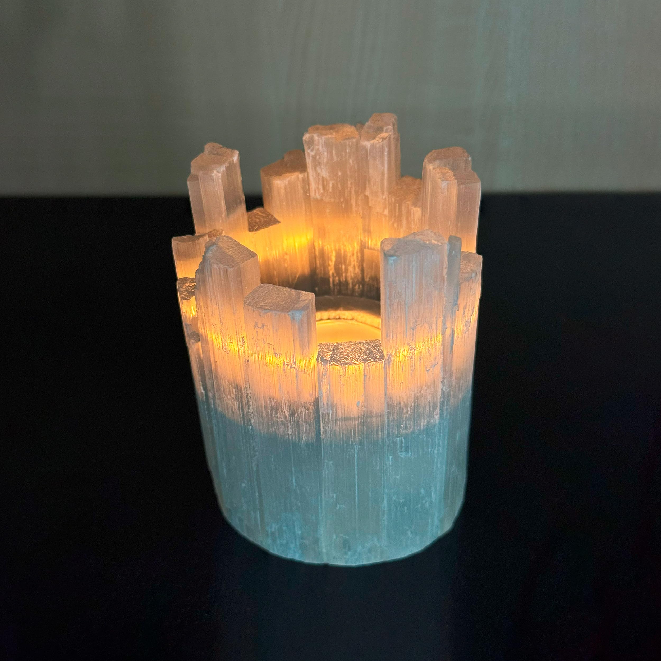 NKlaus 4 x świecznik na podgrzewacze Selenit 11 x 8 cm – świecznik z naturalnego kamienia kryształowego w kolorze białym do duchowego uzdrawiania, medytacji i harmonijnego kształtowania przestrzeni