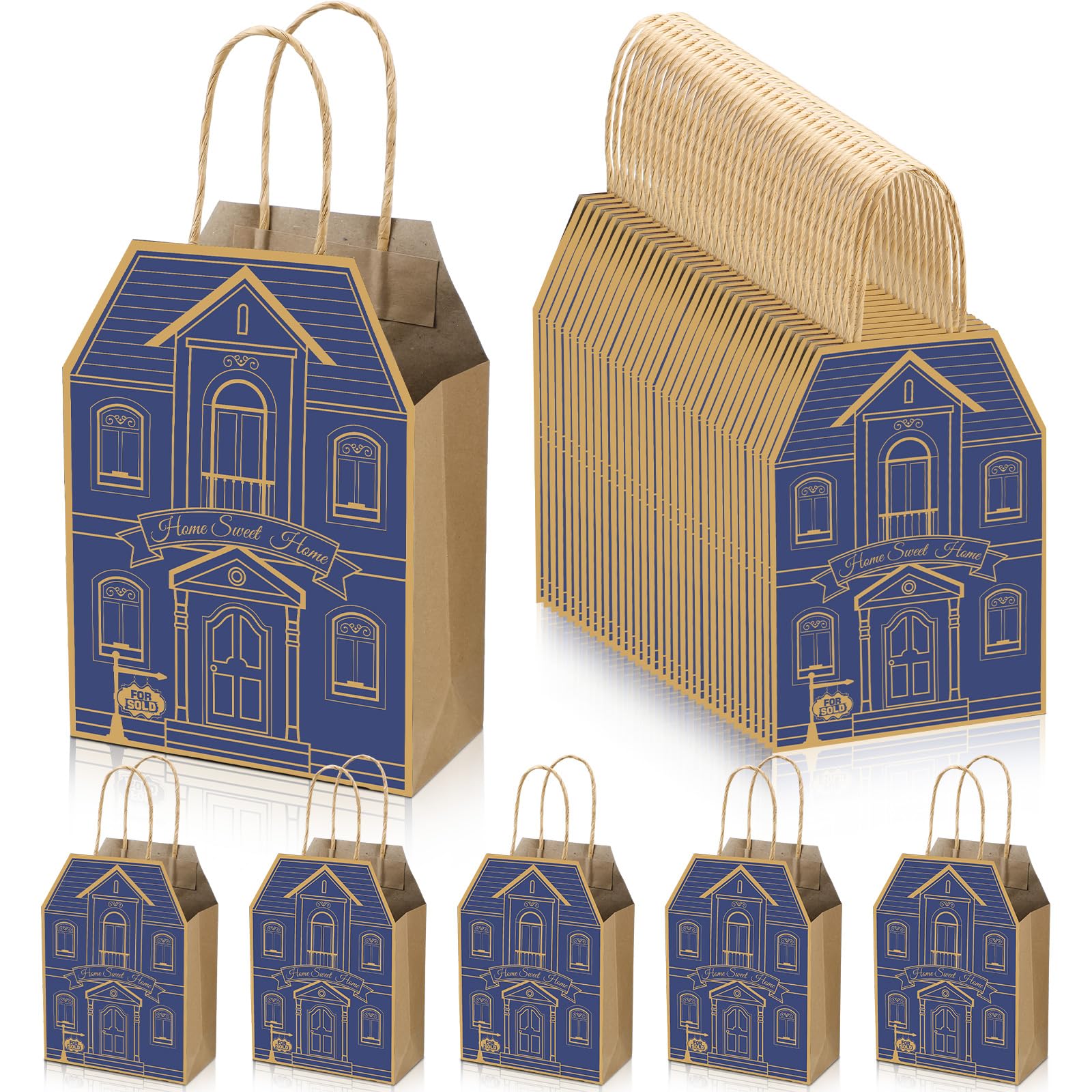 Colarr 50 Pcs House Shaped Gift Bag Real Estate Agent Supplies Real Estate Treat Bag with Handles Kraft for Home Party Gift Shopping Business New Home