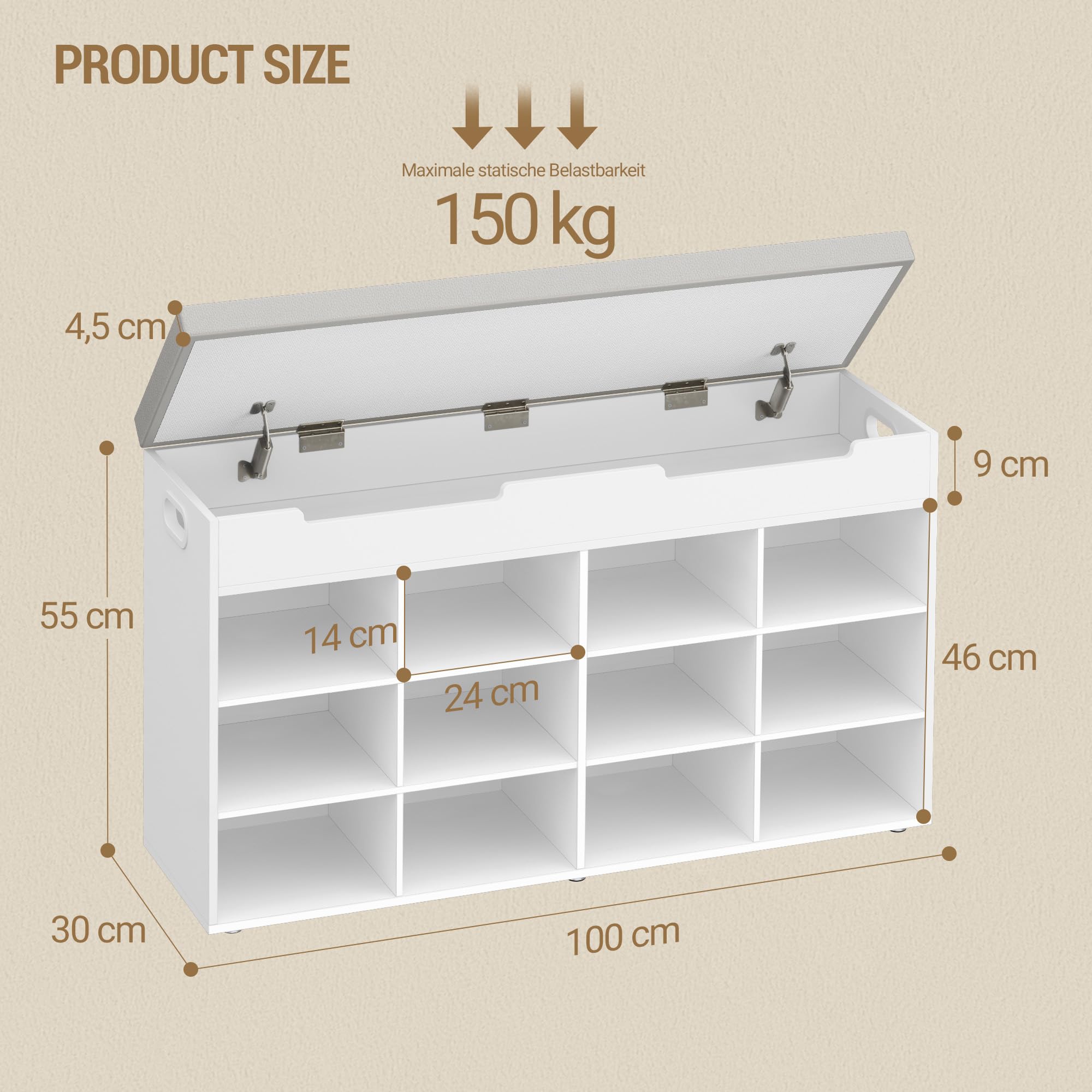 Hzuaneri Schuhbank, Schuhregal Mit Sitzfläche, Sitzbank Mit Stauraum, 12 Fächer, Herausnehmbare Regale, Geeignet für Wohnzimmer, Flur, Eingang, 30 x 100 x 55 cm, Weiß SB53503GY