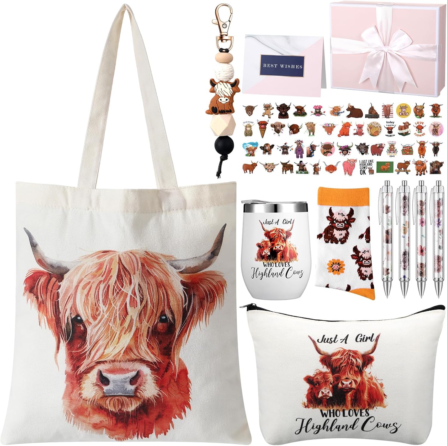 Aliceset 66 Pcs Highland Cow Gift Include Makeup Bag Stainless Steel Tumbler 20 oz with Socks Pens Set for Farm Animal Lovers